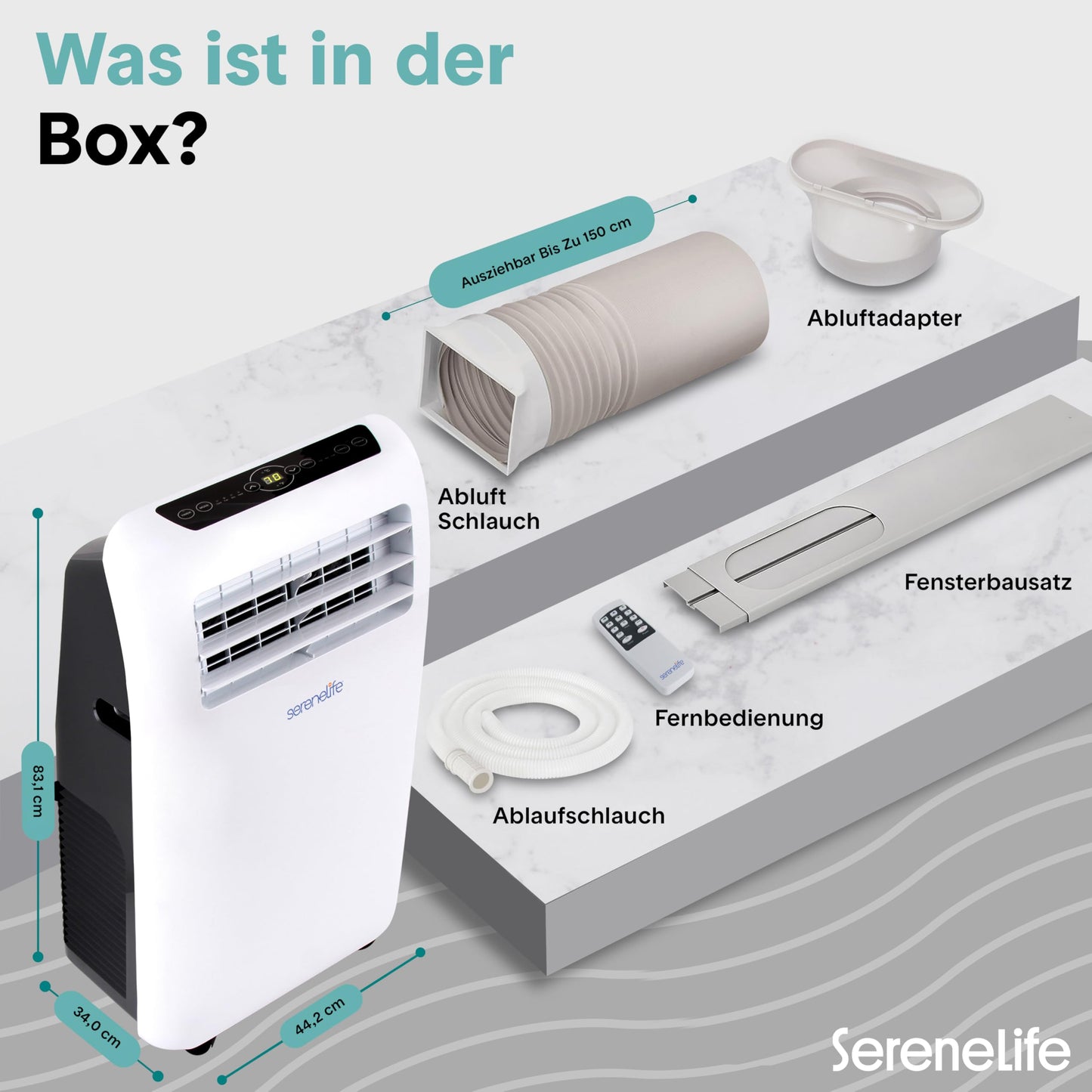 SereneLife Aer condiționat mobil 2.6 kW 7000 BTU - L52 dB Aer condiționat silențios pentru dormitoare de până la 28 m², răcire plăcută în zilele calde, cu dezumidificator, ventilator și telecomandă - SLPAC7EU