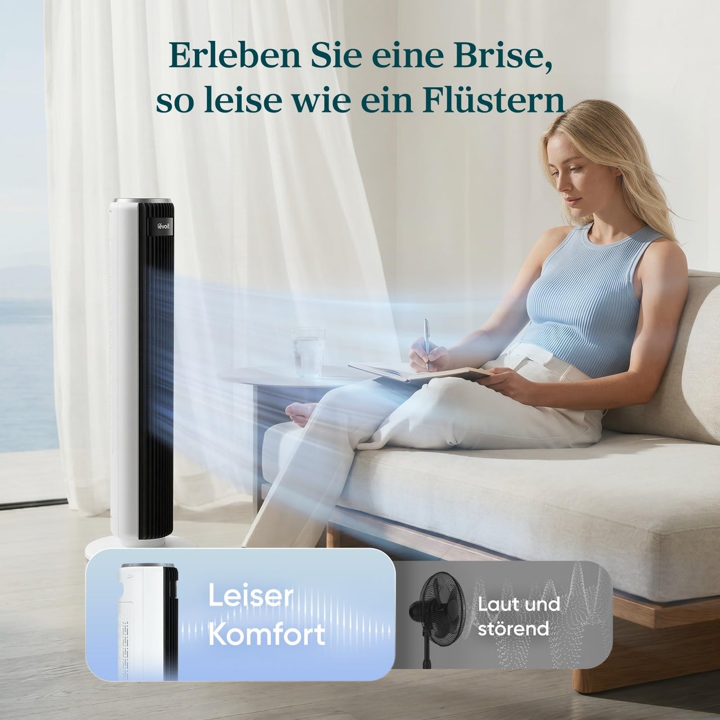 Levoit Tower Fan with Advanced Sleep Mode Fan Quiet 12H Timer 4 Modes 5 Speeds Automatic Operation with Sensor Oscillation Tower Fan with Remote Control White 92CM - LTF-F361-WEU