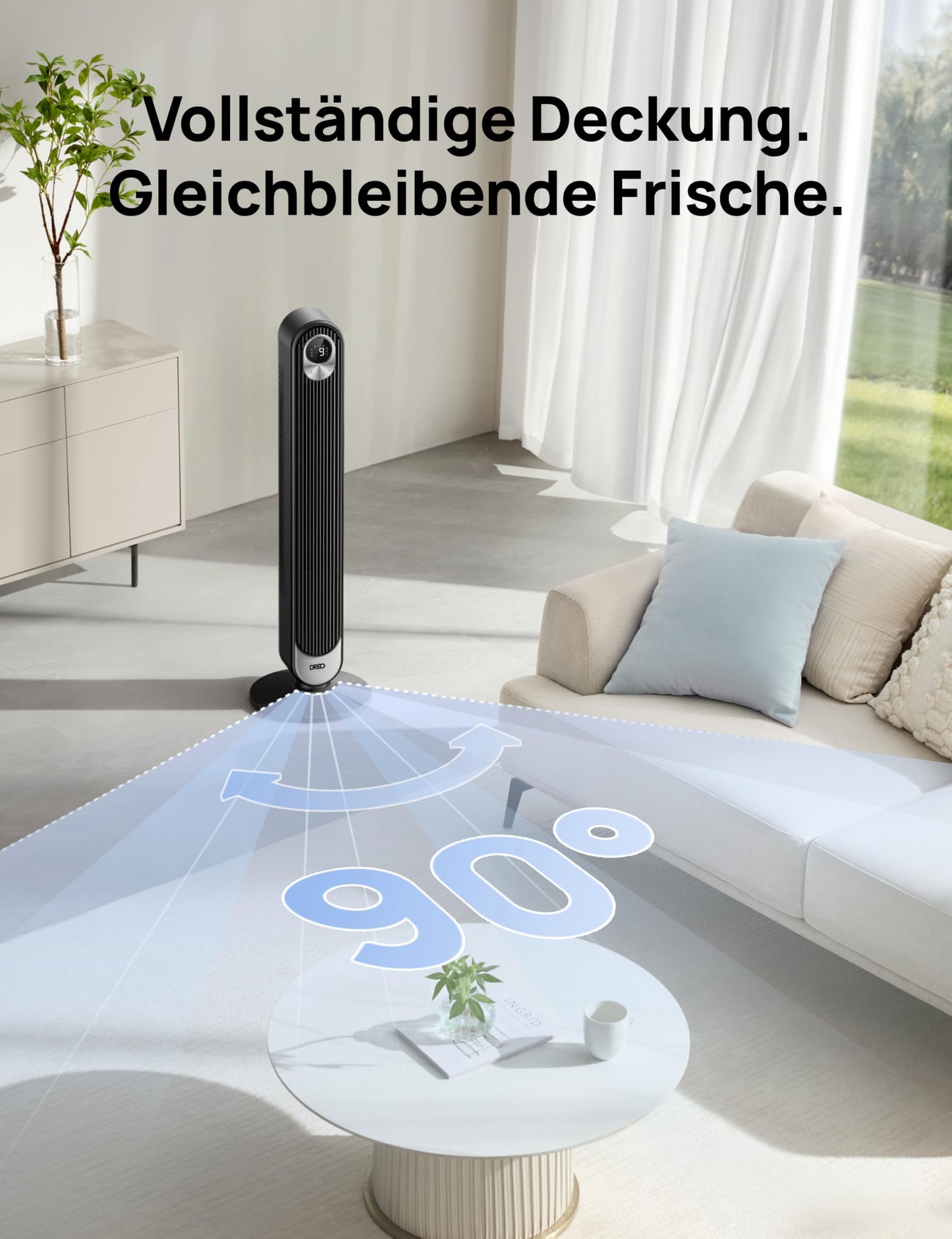 DREO DC Motor Tower Fan Quiet, 11M Wind Distance Fan with Cooling Remote Control, 9 Levels 4 Modes, 90° Oscillating Stand Fans for Bedroom, Tower Fan with 12H Timer - DR-HTF001