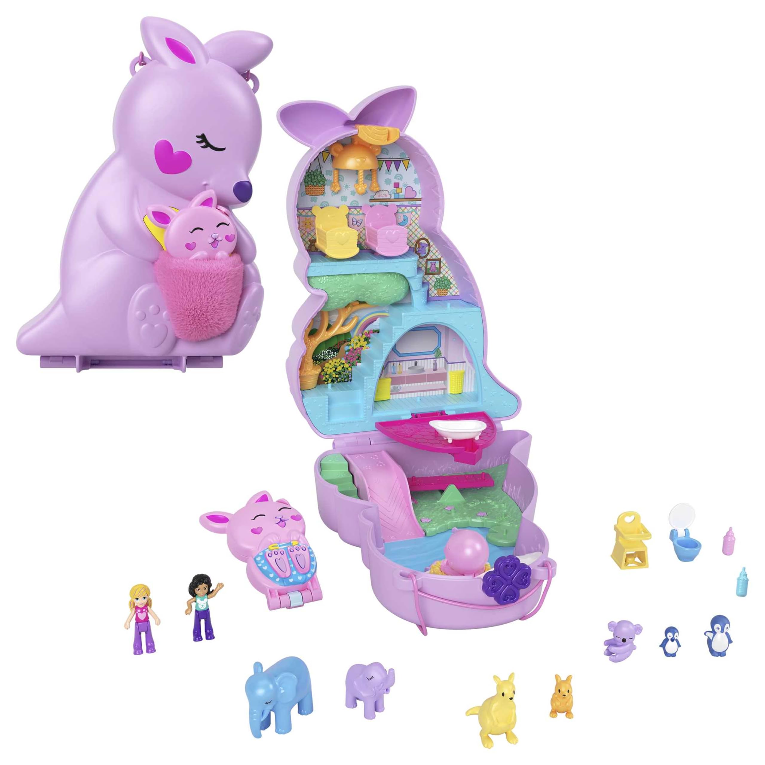Polly Pocket Mama and Joey Kangaroo Bag - 2-in-1 Animal Nursery Playset, 2 Dolls, 7 Animals and Accessories, Includes Soft Pouch and Box, Perfect for Travel, Ages 4+, HKV50