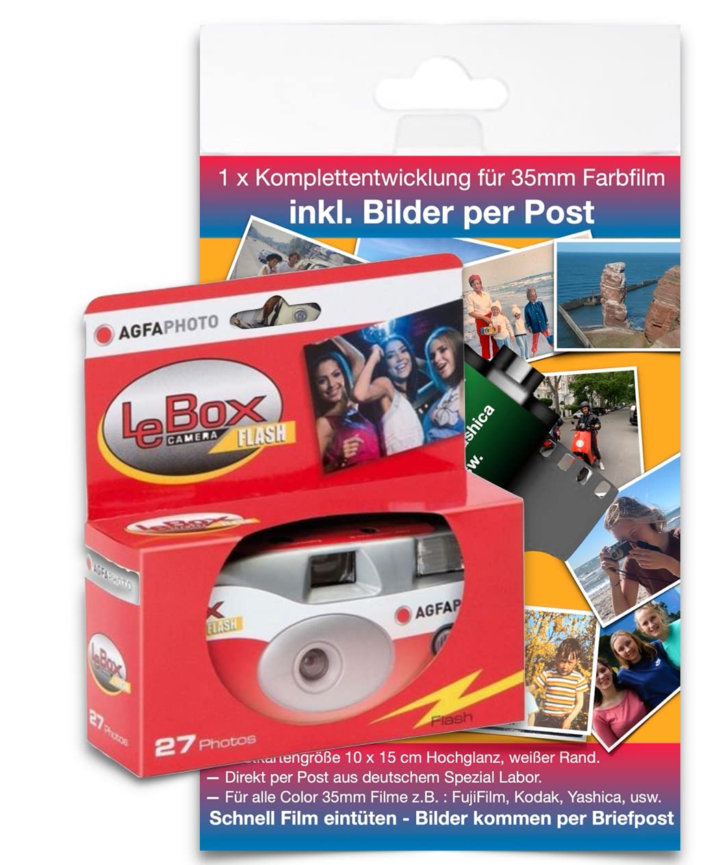 AgfaPhoto LeBox 400 27 Blitz/Flash cameră de unică folosință cu dezvoltare completă pentru până la 27 de imagini color prin poștă, FPP36SUC