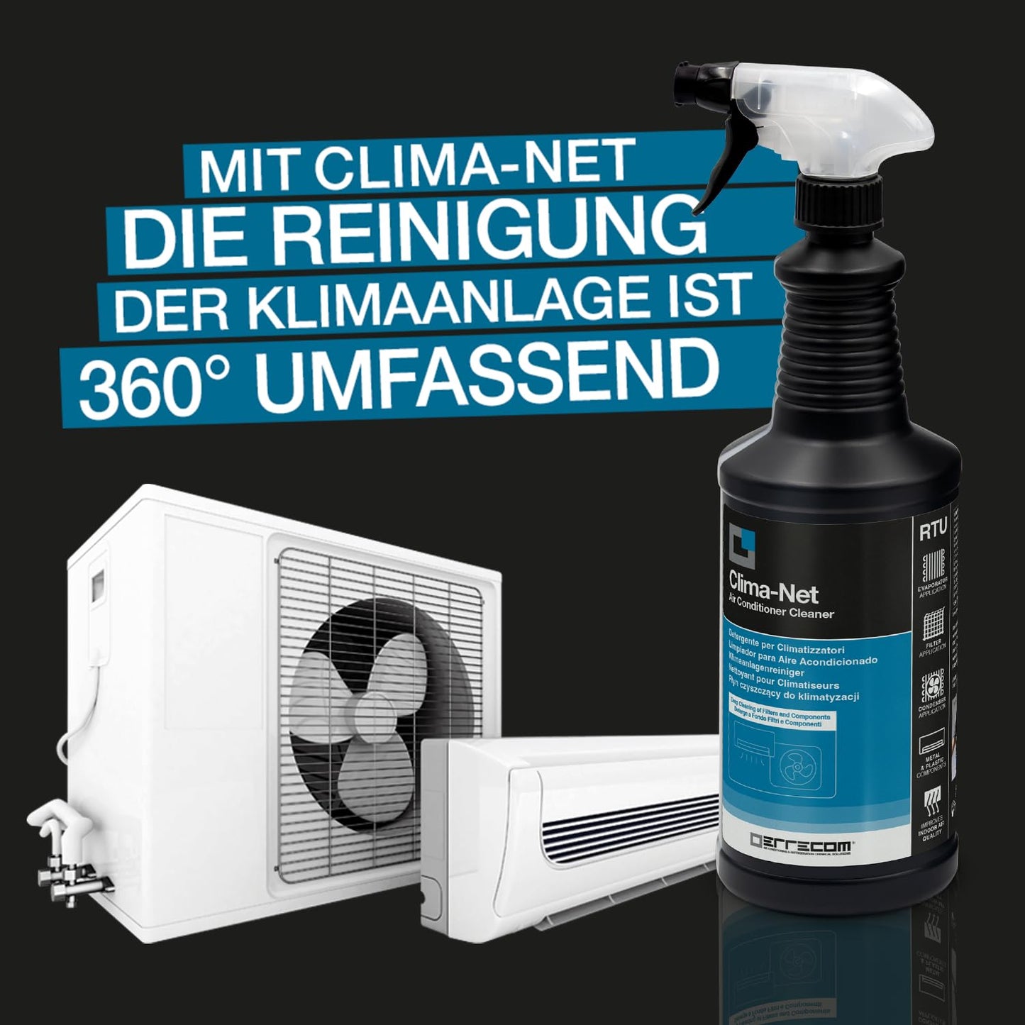 Errecom Kit zur Reinigung der Klimaanlage, enthält 1-L Clima-Net Reiniger für Klimaanlagen, Filter, Rippenwärmetauscher, Außengeräte, 1 Wally Schutzhülle für Reinigung von Splits und Verdampfern. - RKAB96.P1.EC