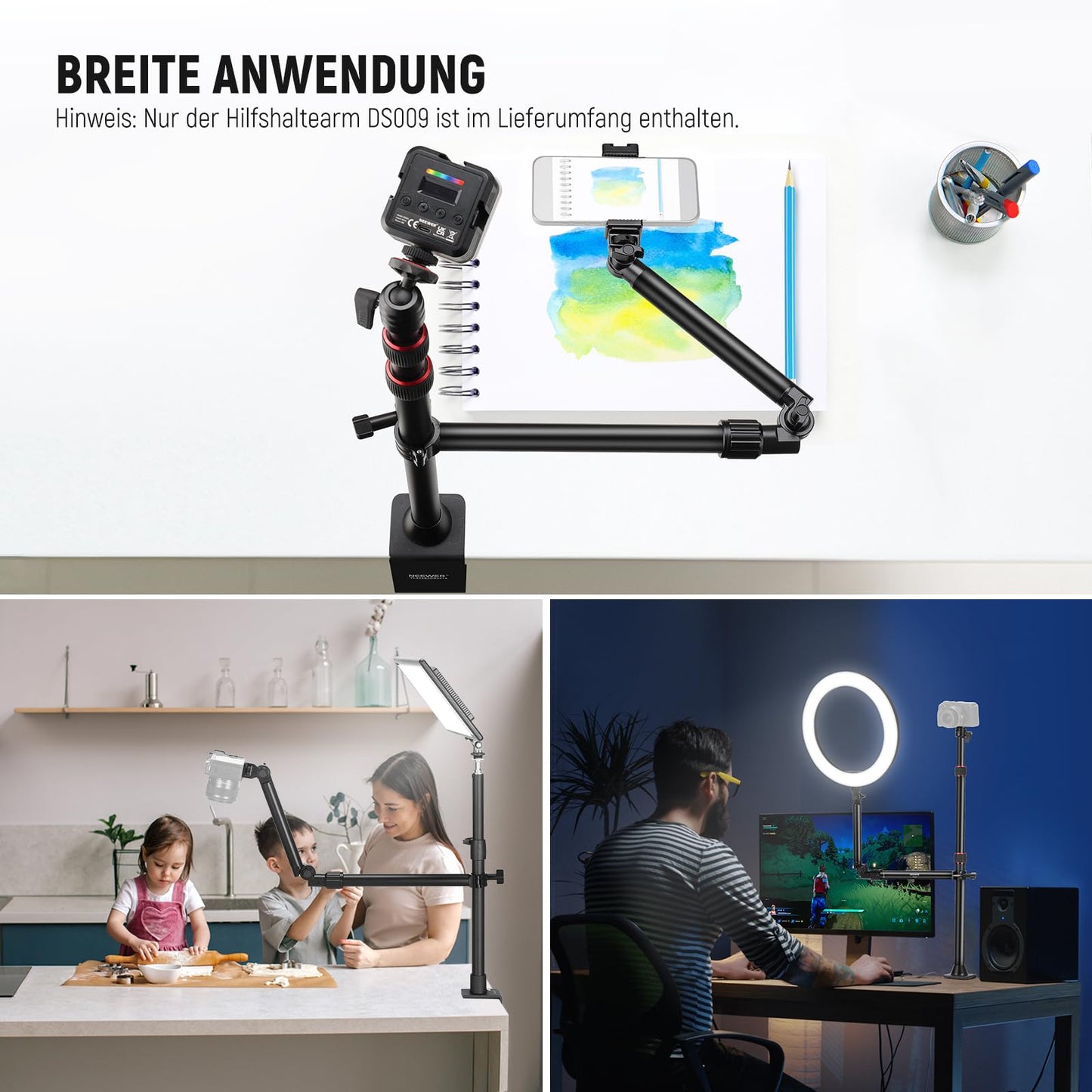 NEEWER overhead camera mount with cell phone clip, 56cm long clamp-mounted flexible holder for table tripod, 180° & 360°, for tubes with 22-28mm, load capacity 2.5kg, for camera ring light mic, DS009 - 10103955