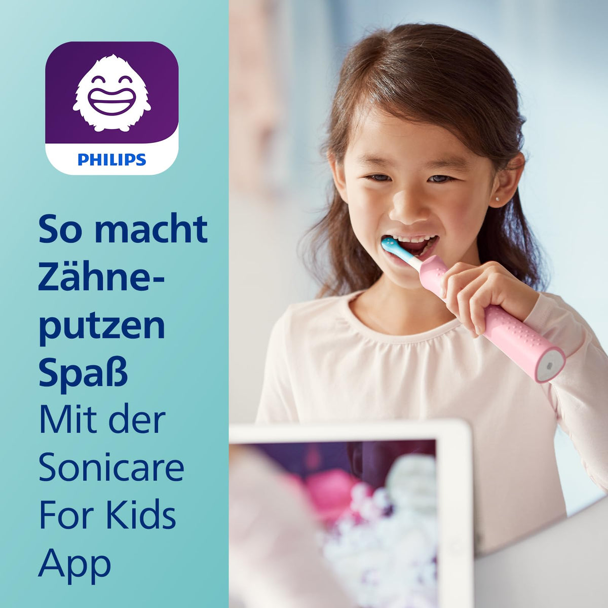 Philips Sonicare For Kids, periuță de dinți electrică cu tehnologie sonică, cu aplicație, pentru copii de la 3 ani, cu SmarTimer și QuadPacer pentru o curățare temeinică, Roz, model HX6352/42