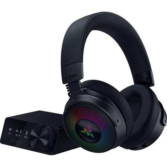 Razer Kraken V4 Pro - Cască de gaming wireless cu Control Hub Sensa HD-Haptik (Control Hub OLED, drivere Triforce de 40mm, HyperSpeed & Bluetooth, THX Spatial Audio, RGB) Negru - RZ04-05160100-R3M1