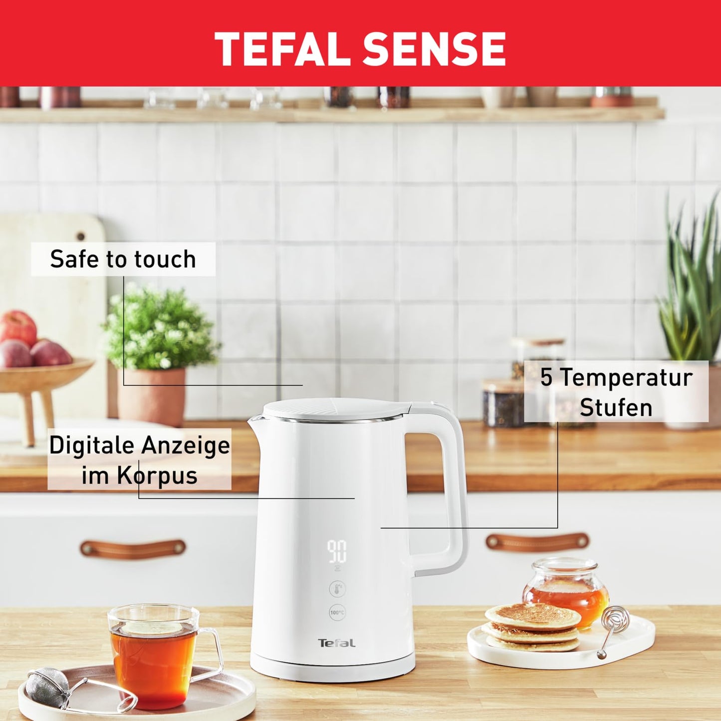 Tefal KO6931 Sense kettle, 1.5 L capacity, digital display, 5 temperature levels, 360° base, water level indicator, removable limescale filter, 30 minute warming function, 1800W, white
