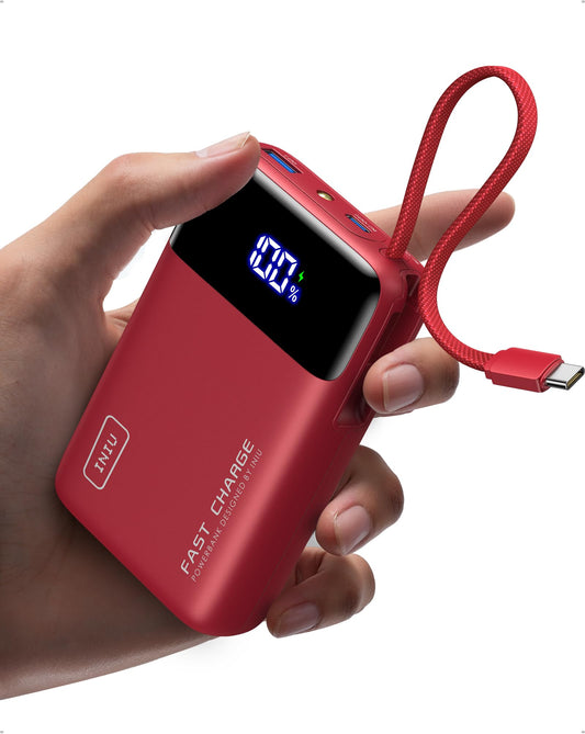 INIU 45W Power Bank, Ultra Small 20000mAh Power Bank with Integrated USB C Cable, Fast Charging External Mobile Phone Batteries, Suitable for Flight, Travel Essential for Commuting, Daily Use, iPhone 17 16, Red - P51L