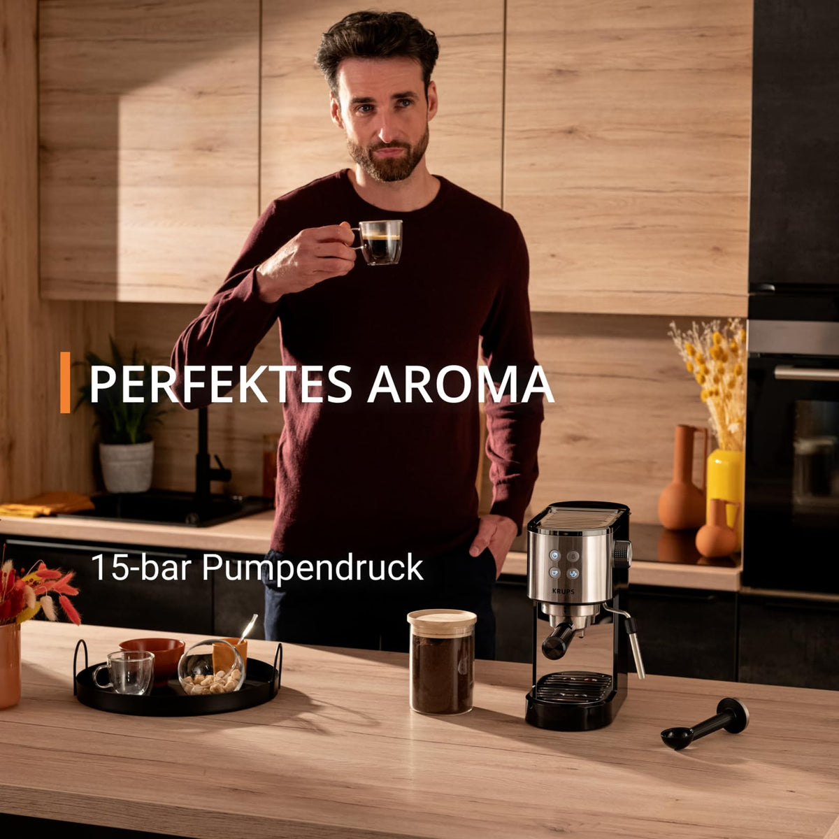 Krups Virtuoso Essential Espresso Machine, 15 bar, stainless steel accents, sleek design, control panel with 4 functions, including barista accessories, stainless steel, XP441810