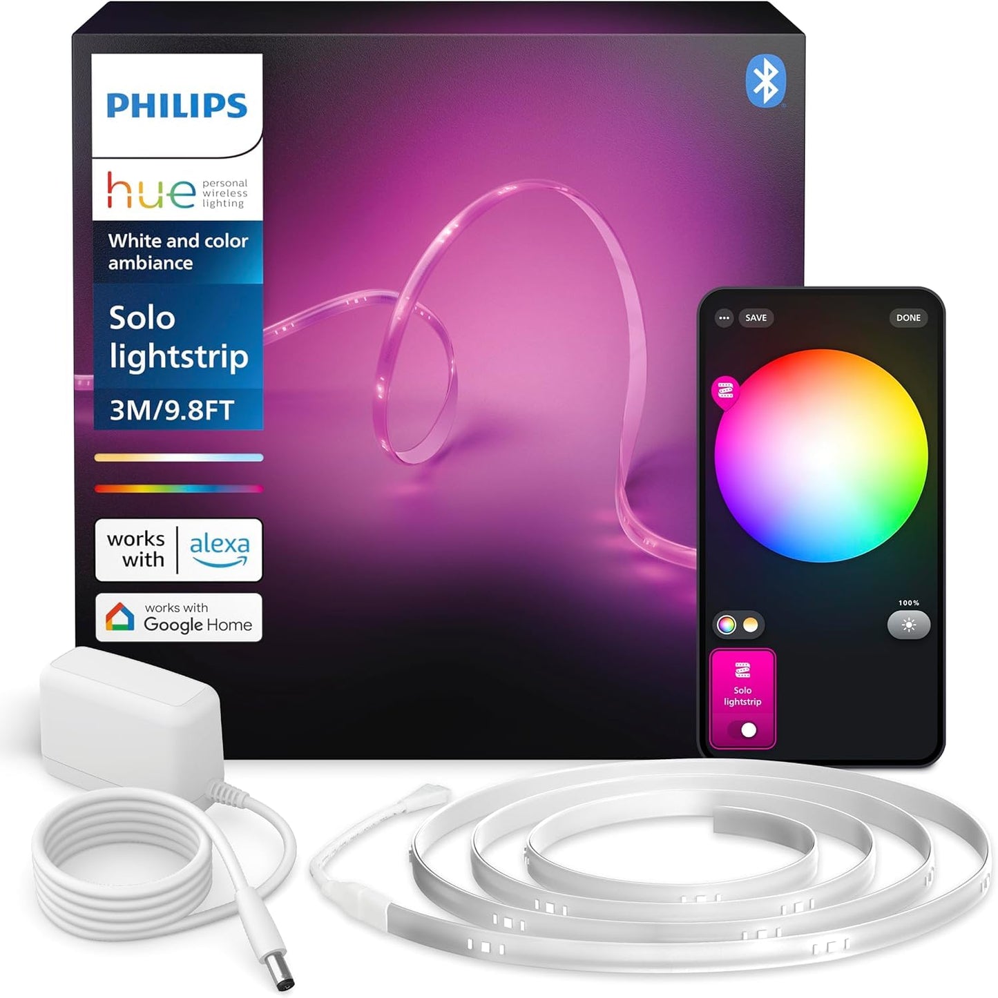 Philips Hue Indoor 3m Smart LED Solo Lightstrip basic set, pack of 1, indirect lighting can be controlled with the Hue app, LED strip works with Alexa, Google Assistant and Apple HomeKit - 8720169326637