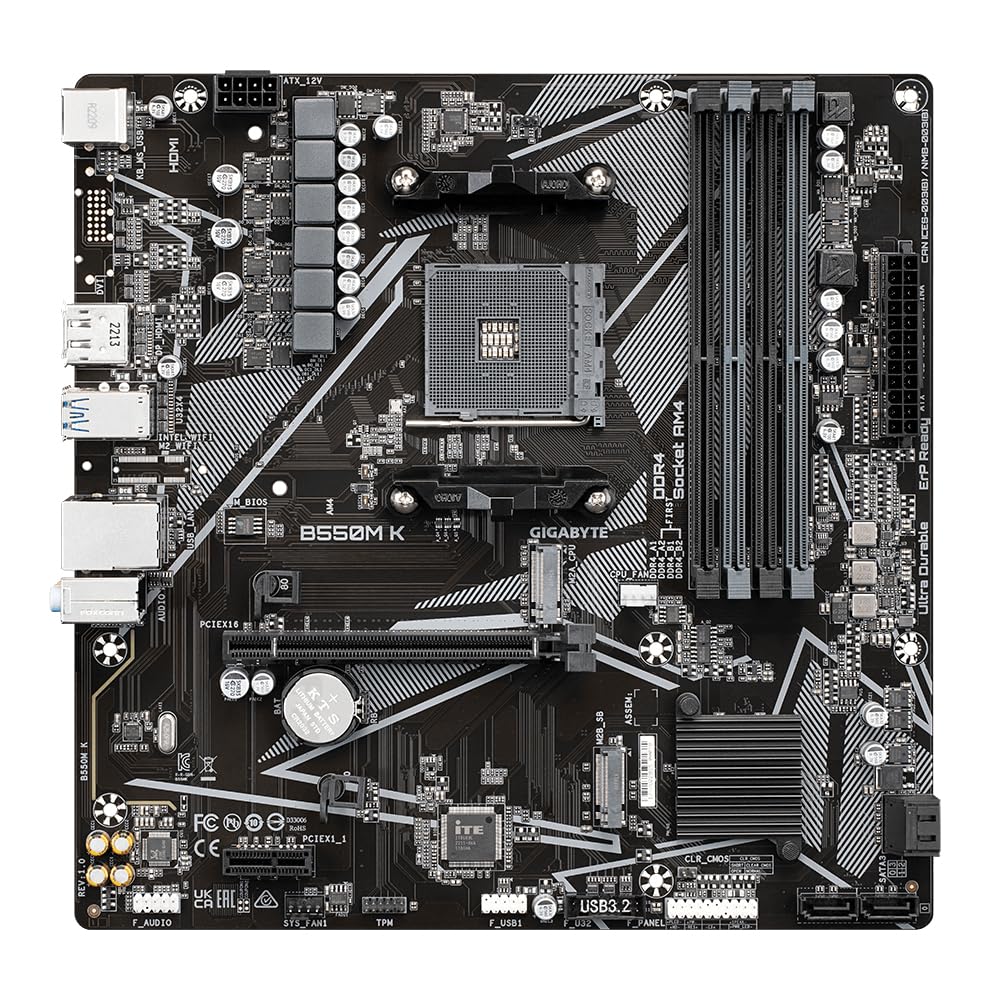 Placa de bază GIGABYTE B550M K – compatibilă cu procesoarele AMD Ryzen 5000, suportă până la 4733 MHz DDR4, 1xPCIe 4.0 + 1xPCIe 3.0 M.2, LAN 1GbE, USB 3.2 Gen 1