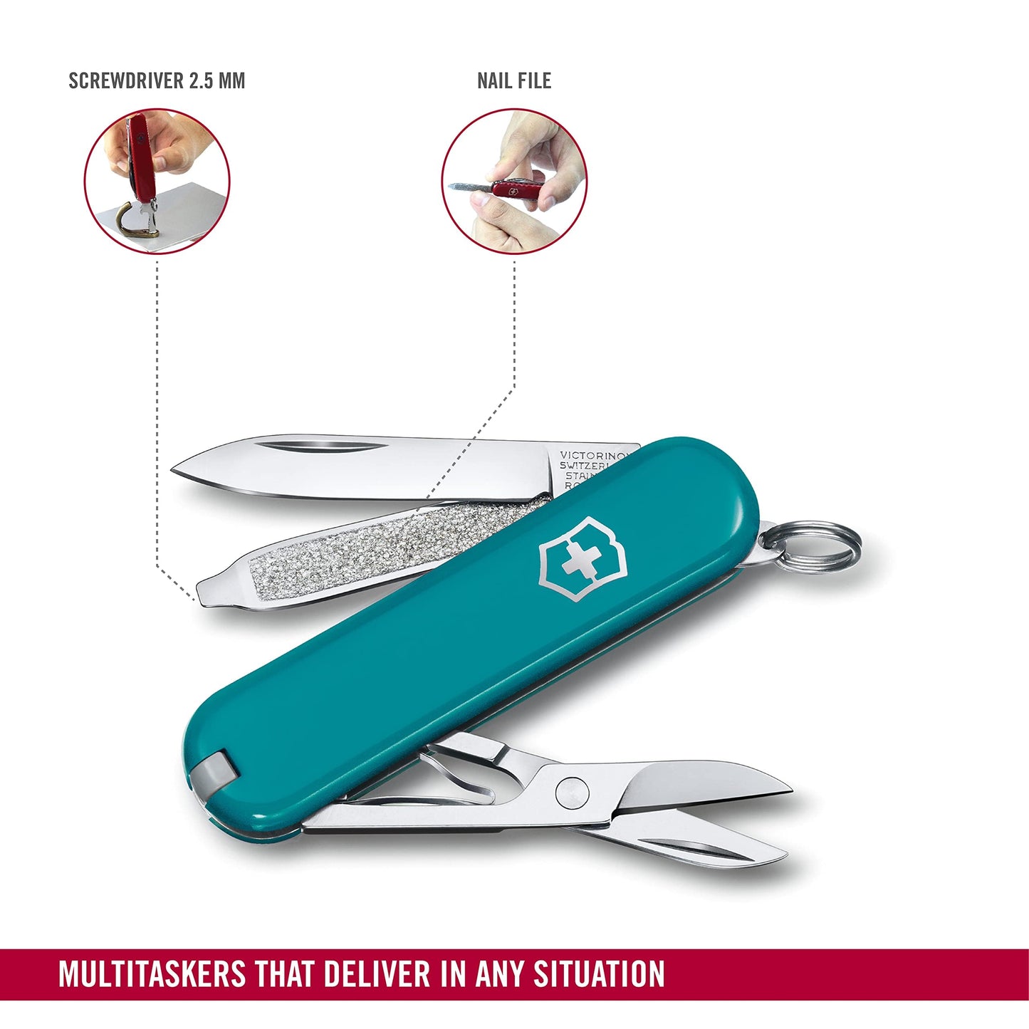 Victorinox Swiss Army Knife, Small, Classic SD, Multitool, Swiss Army Knife, Gift, 7 Functions, Blade, Nail File, Turquoise - 0.6223.23