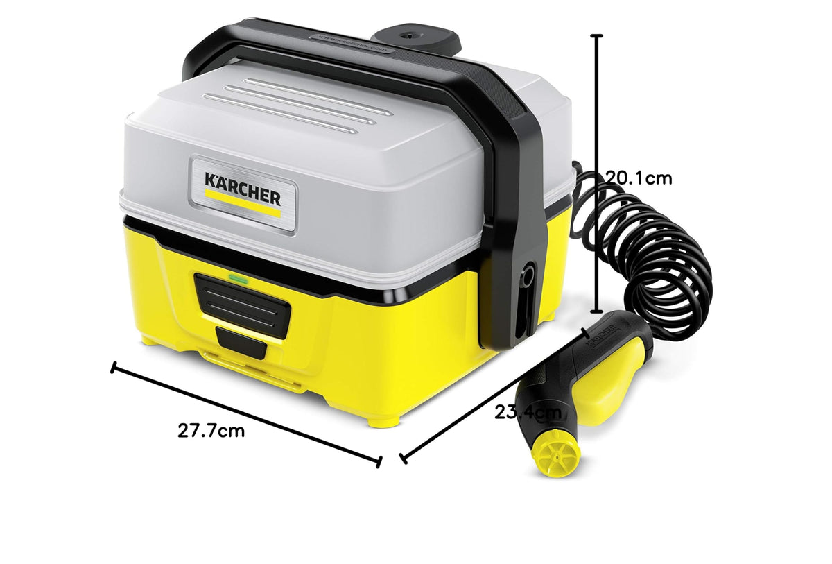 Kärcher Pressure Washer OC 3, low pressure, lithium-ion battery, flow rate: 2 l/h, weight: 2.2 kg, water tank: 4 l, spiral hose: 2.8 m, flat spray nozzle. - 1.680-015.0