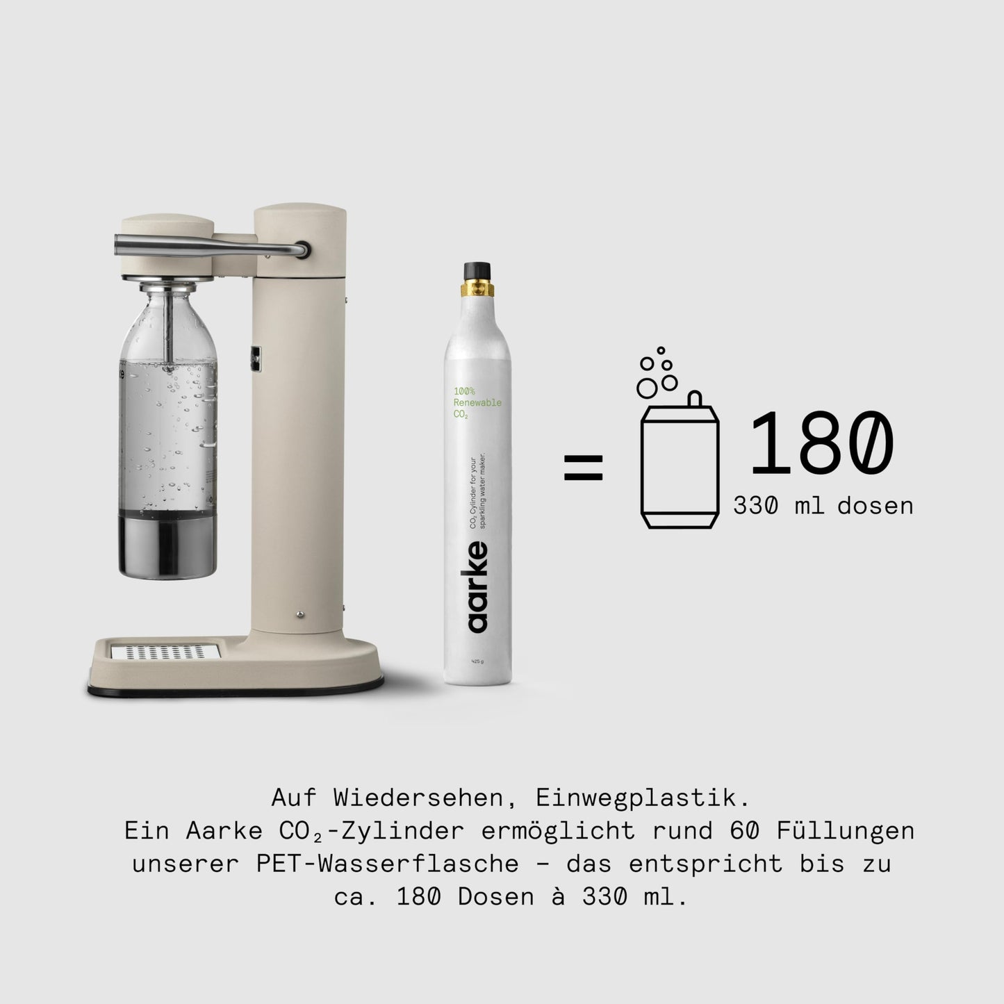Aarke Carbonator 3, stainless steel sparkling water maker in a modern sand finish with BPA-free 1L PET bottle, sparkling water maker for tap water, compatible with 60L CO2 cylinders - AAC3-Sand