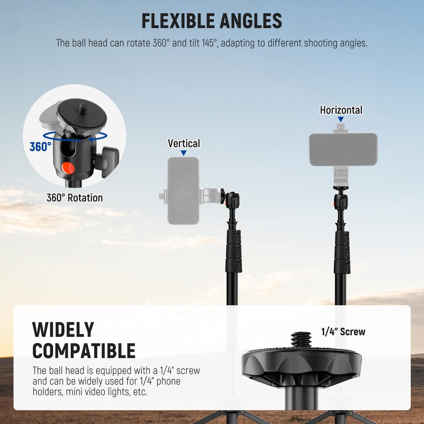 NEEWER ST200B Photography Light Stand, 56-200cm, with Ball Head, 1/4" Screw, Maximum Load 4kg, Aluminum, Portable Studio Lighting Tripod, Phone Video Stand for Strobe Light - 200cm/1