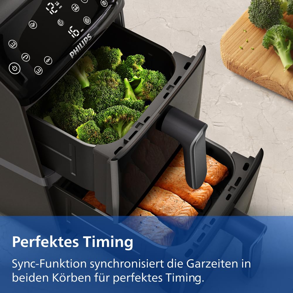 Philips Airfryer 4000 Series Stacked Dual Basket, stacked hot air fryer 2 chambers, 10L, RapidAir technology, 45% less space required, PFAS-free ceramic coating, viewing window (NA460/00)