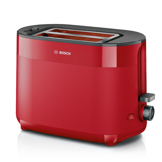 Bosch Compact Toaster MyMoment TAT2M124, integrated bun warmer, with defrost function, automatic shut-off, lift function, bread centering, perfect for 2 slices, 800 Watts, Matte Red
