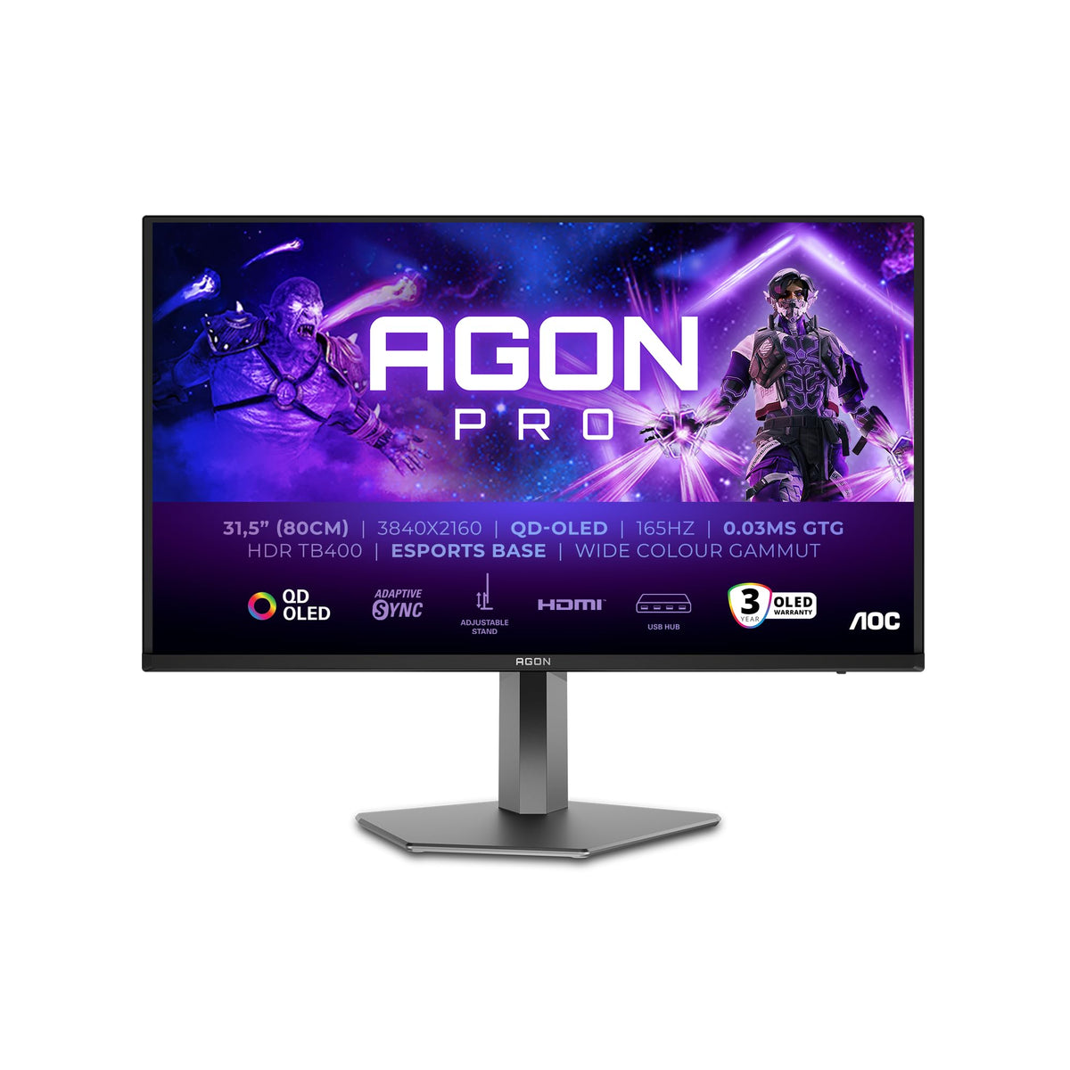 AOC AG326UDAM Monitor de gaming de 32 inch UHD cu Hub USB, 165Hz, panou QD-OLED, 0.03ms GtG, HDR400 TB, FreeSync Prem. Pro, G-Sync Comp., ajustare pe înălțime, difuzoare, (3840x2160 HDMI 2x 2.1 DP 1x 1.4) Negru - AG326UDAM/39
