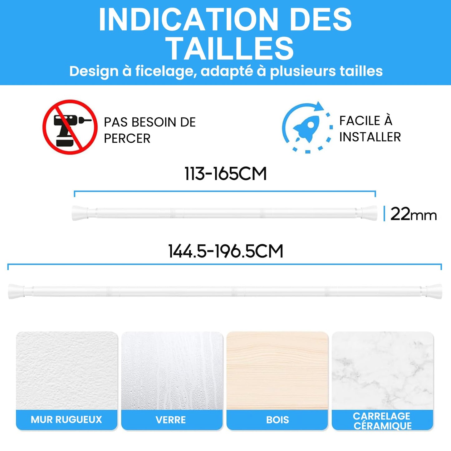 ZipGlo shower curtain rod 115-195cm extendable for bathroom window wardrobe without drilling white 1 piece diameter 22mm - 110-190CM