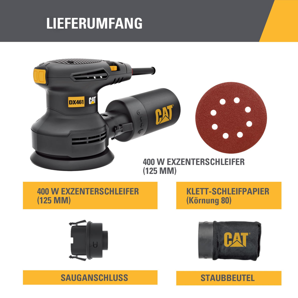 CAT DX461 Exzenterschleifer de 125 mm, 400W, 5000–14000 U/min, Ø2,5 mm, (inclusiv cutie de praf Zyklon, viteză variabilă și sistem de aspirare a prafului)