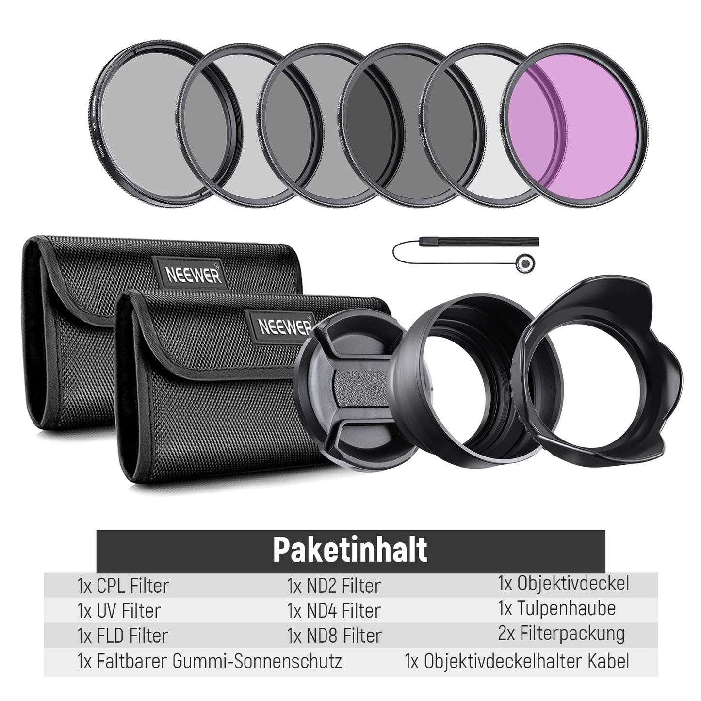 NEEWER lens filter set 40.5 mm UV CPL and ND filters (ND2, ND4, ND8) FLD filter, tulip-shaped aperture, collapsible rubber aperture, filter bag, seat belt and cleaning cloth - NW