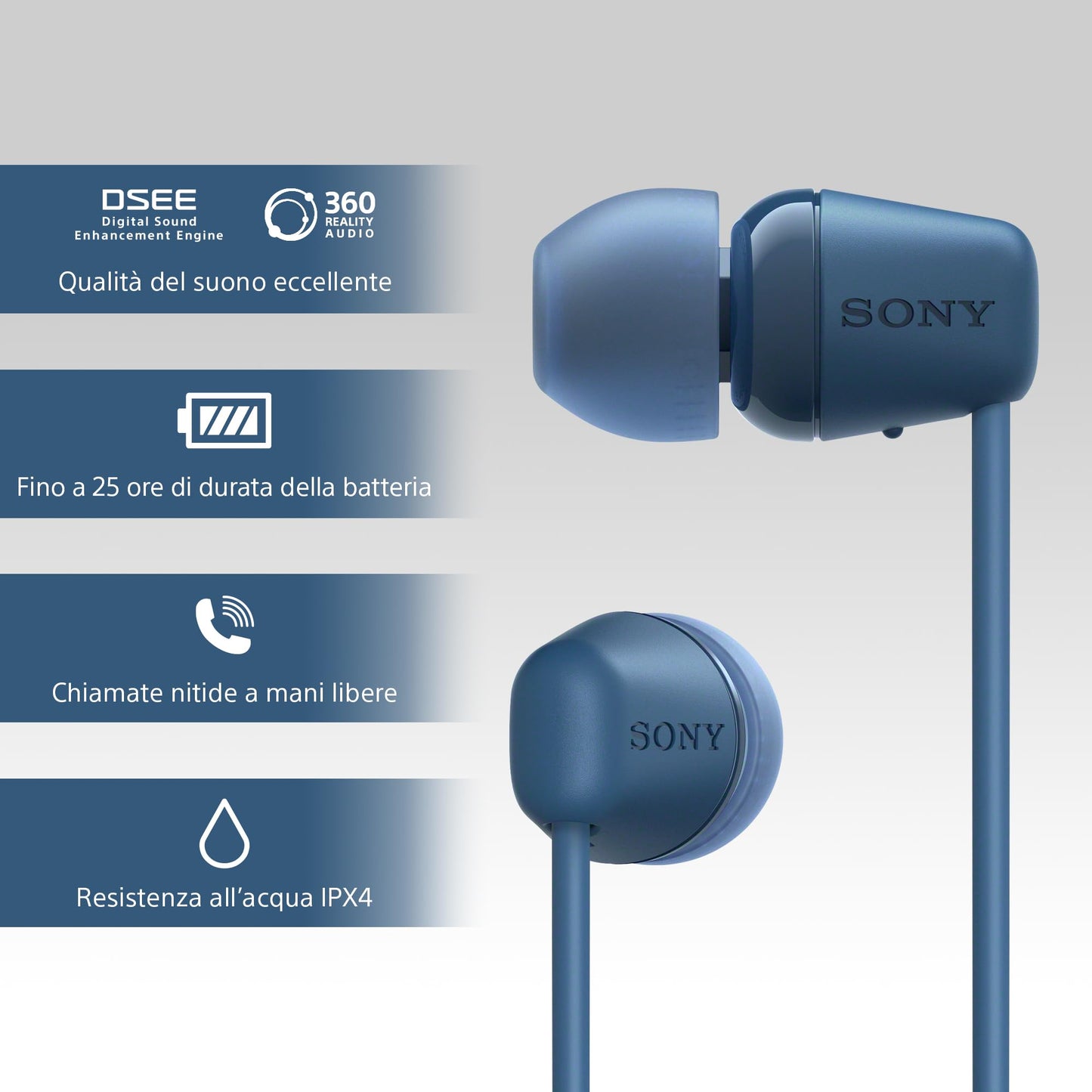 Sony wireless WI-C100 in-ear headphones (up to 25 hours of battery life, optimized for voice assistants, integrated microphone for phone calls, Bluetooth), blue, small - WIC100LCE7