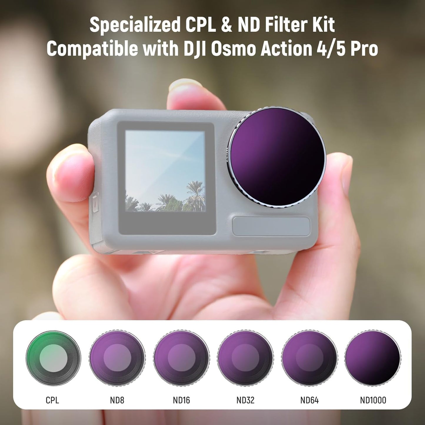 NEEWER CPL & ND filter set compatible with DJI Osmo Action 4/Action 5 Pro (pack of 6), screw-on CPL+ND8+ND16+ND32+ND64+ND1000 filter set action camera accessories, multi-layer optical, FL-A13 - 10105203