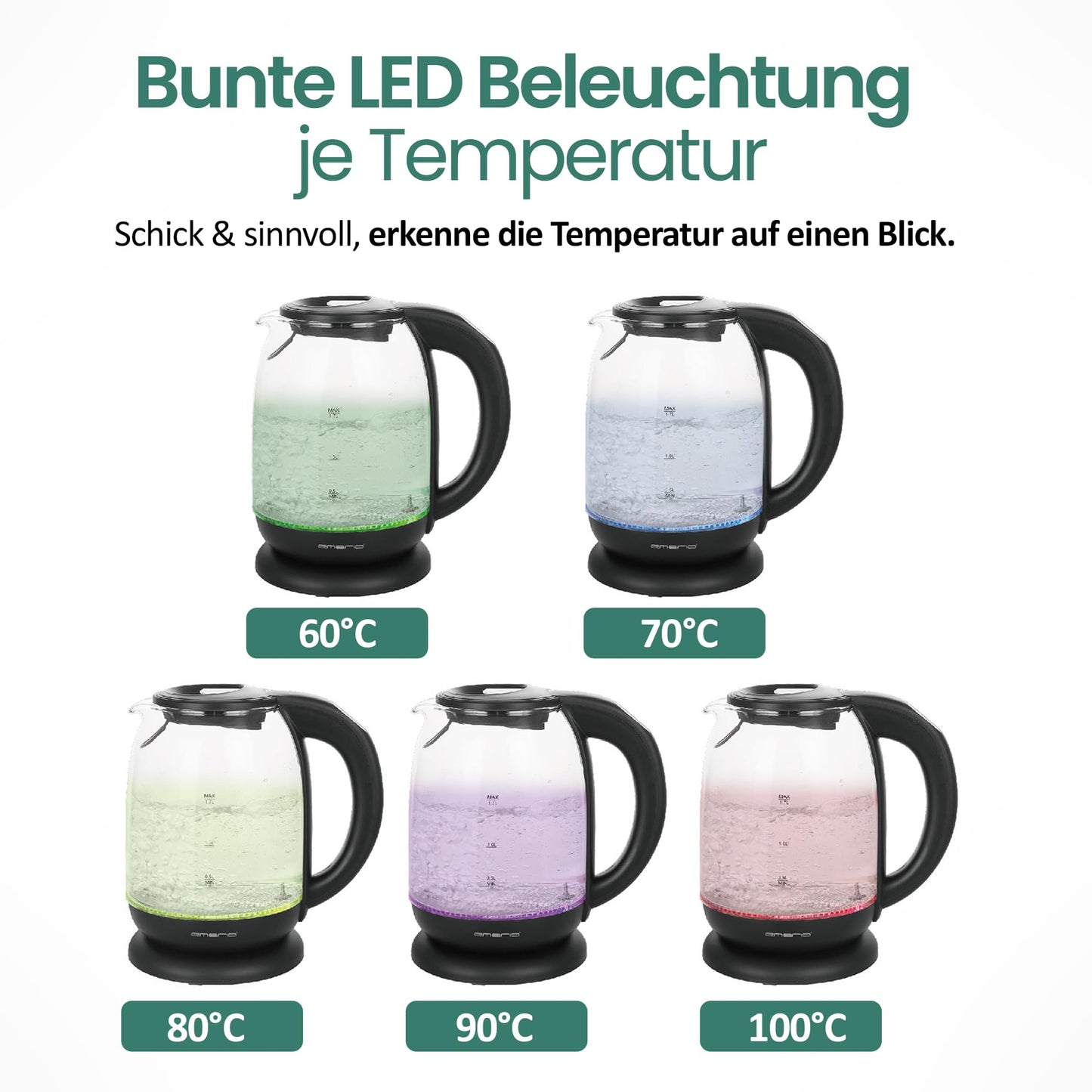EMERIO kettle | TEST WINNER Home & Garden Test 02/2019 | made of high-quality borosilicate glass | with temperature selection (60-70-80-90-100°C) | AutoOff & boil-dry protection & warm keeping | 2200W | WK-119255.5