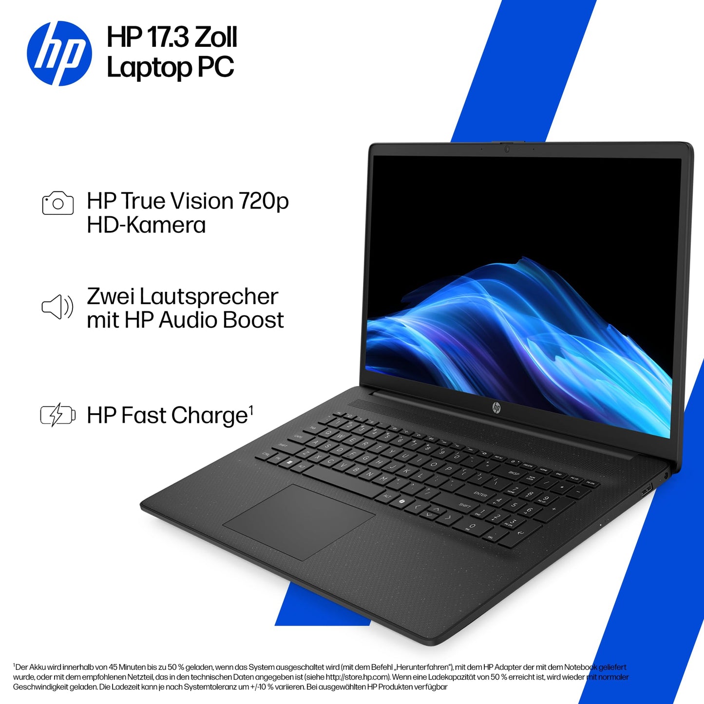 HP laptop with 17.3" FHD display, AMD Ryzen 7 7730U, 16 GB DDR4 RAM, 512 GB SSD, AMD Radeon graphics, Windows 11, QWERTZ, black incl. 25 GB Dropbox storage for 12 months - BZ8R8EA#ABD