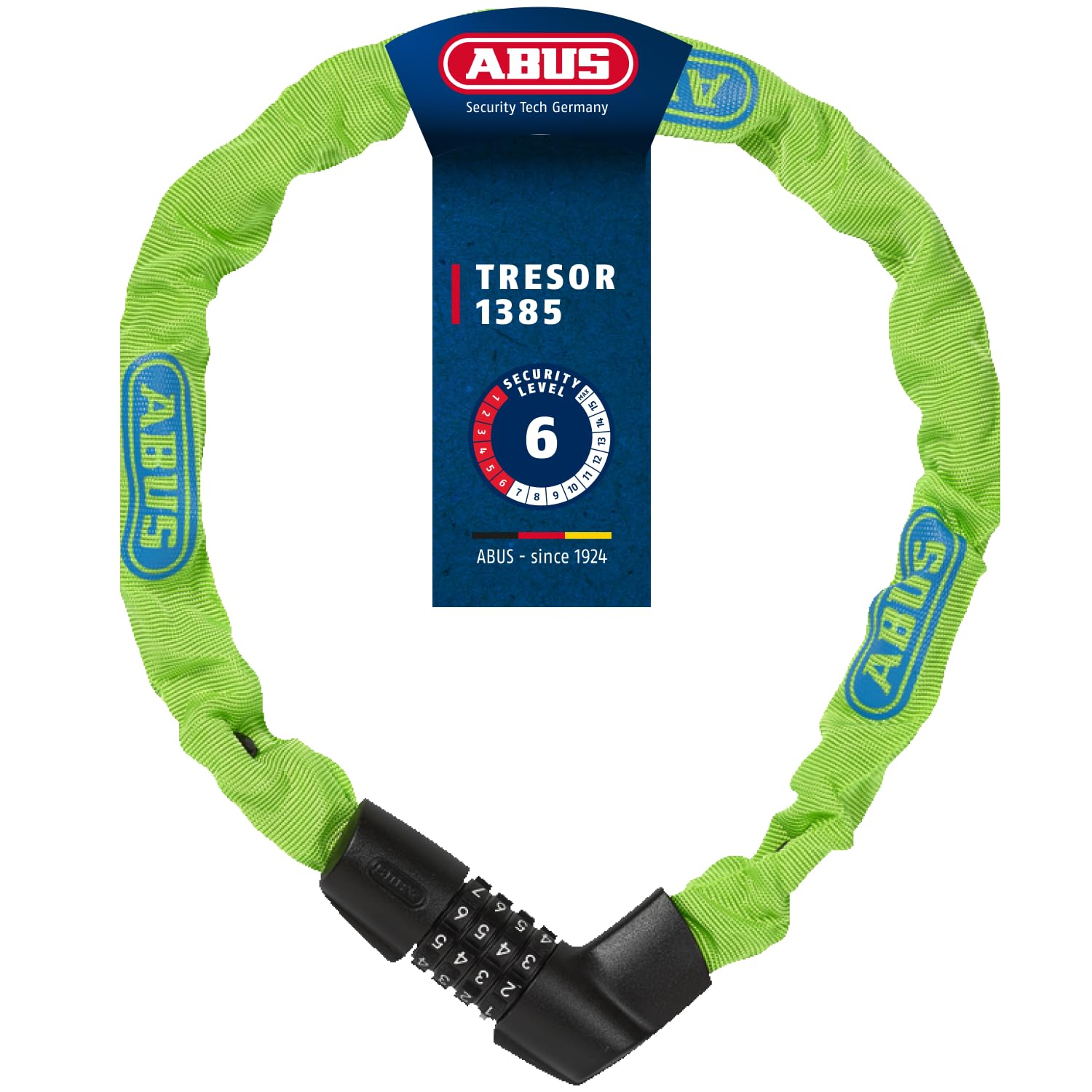 ABUS chain lock Tresor 1385/75 Neon - combination lock made of hardened steel - 6 mm thick square chain - ABUS security level 6 - 75 cm - green - 71263