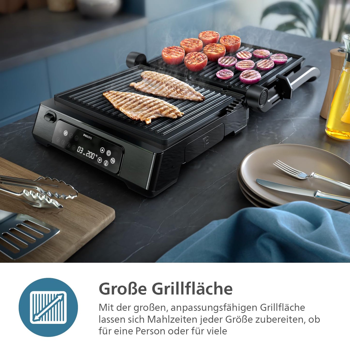 Philips contact grill - temperature sensor and 8 preset functions Grill with large grill surface. Digital temperature control 60°C-220°C. Easy to clean (HD6307/70)