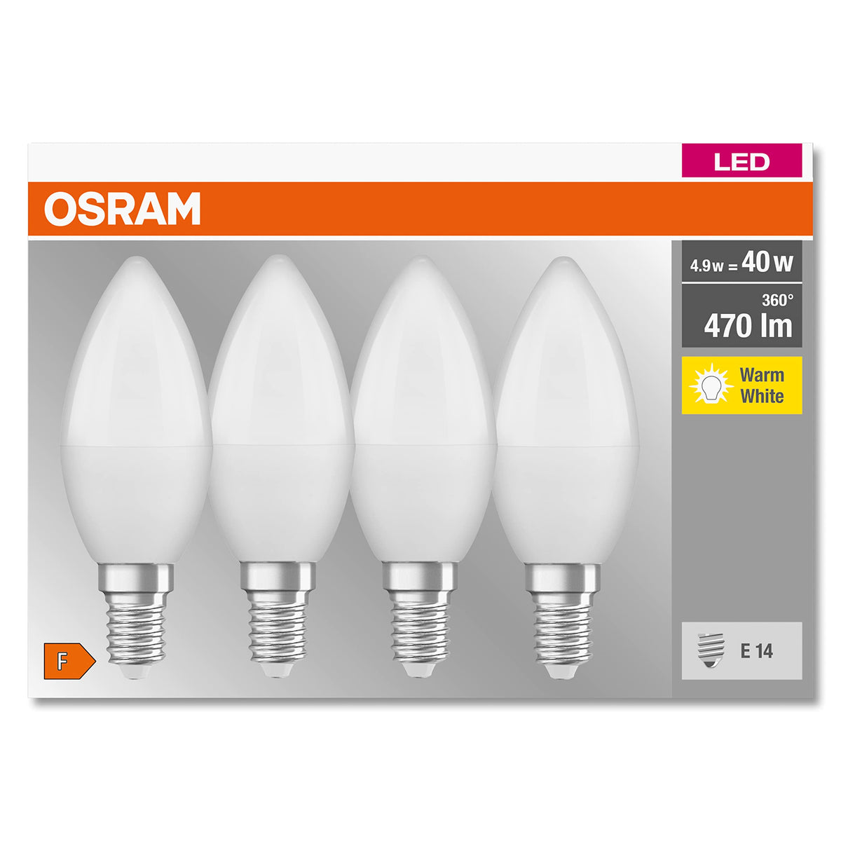 Osram LED Base Classic B, in candle shape with E14 base, not dimmable, replaces 40 watts, matt, warm white - 2700 Kelvin, 40 pack - 4058075819474
