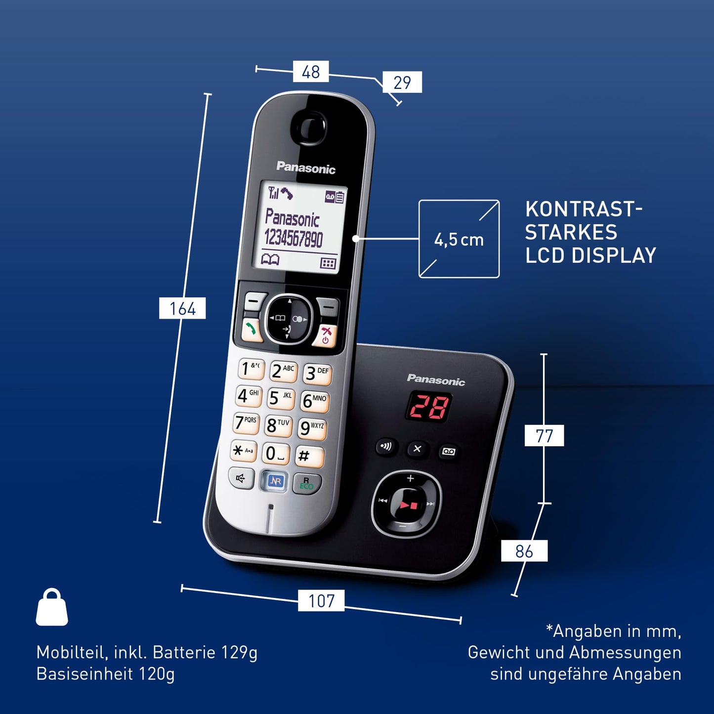 Panasonic KX-TG6821GB DECT cordless telephone with answering machine (low radiation, eco mode, gap telephone, landline, call barring) black
