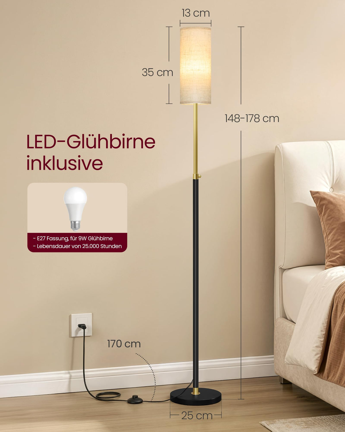 VASAGLE lampă de podea living, 148 cm lampă de citit - LFL022BD02