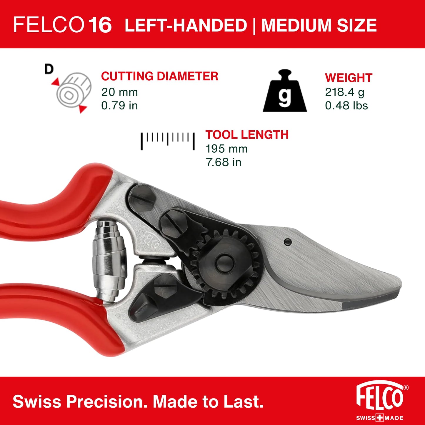 FELCO 16 bypass secateurs for left-handed medium-sized hands, 42 mm hardened steel blade, forged aluminum handles, cut up to 20 mm, ergonomic, Swiss Made