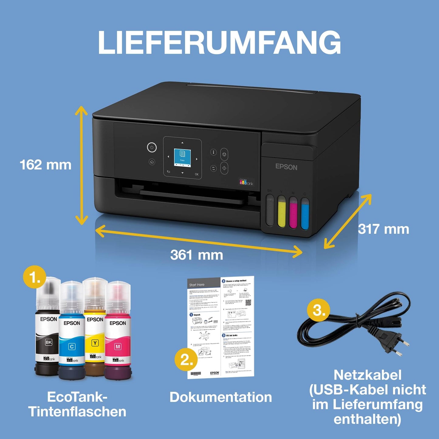 Epson EcoTank ET-2922 | For busy households | Wi-Fi | A4 | Print, Copy, Scan | LC display | AirPrint compatible | Compact | Contains up to 3 years of ink