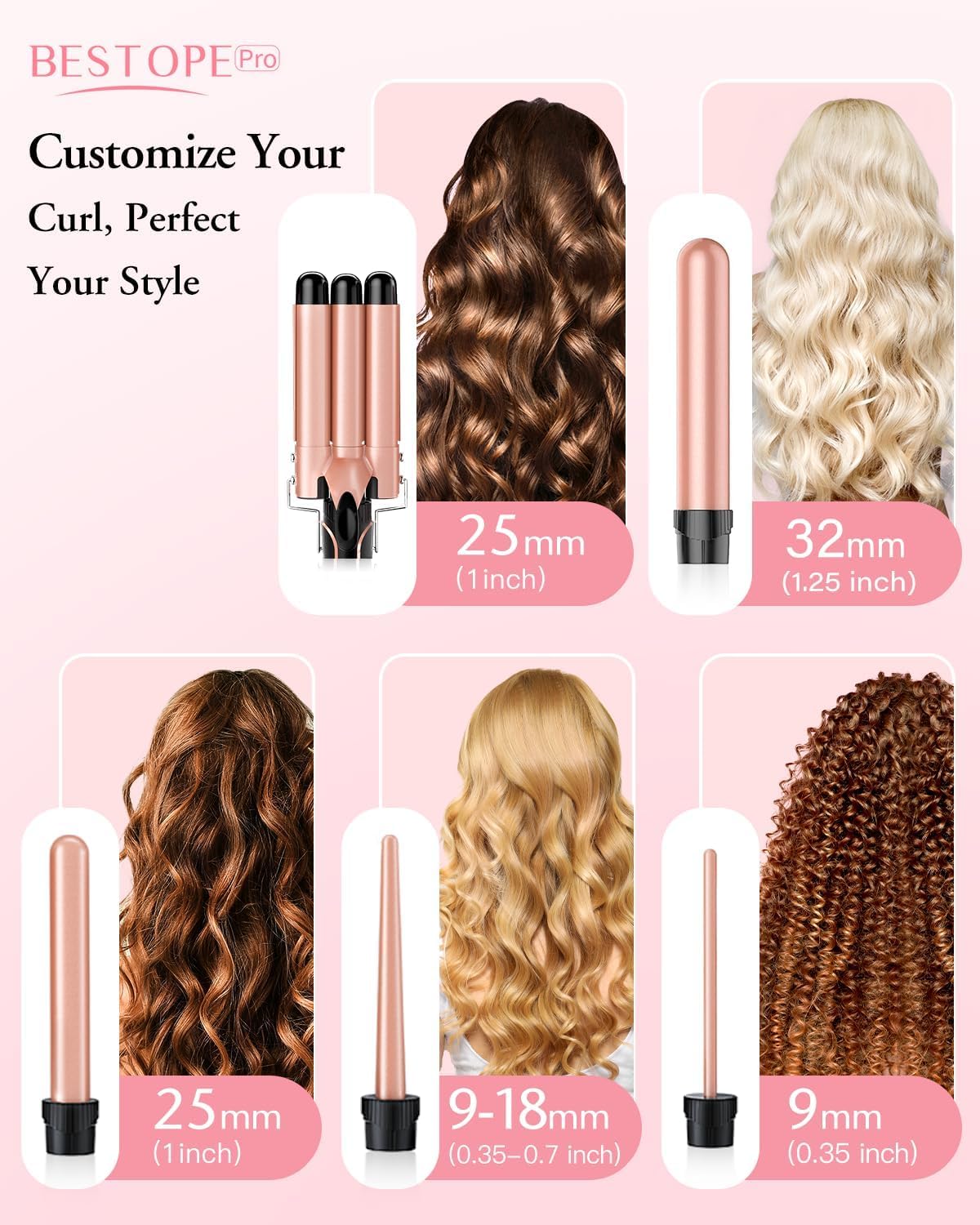 5 in 1 curling iron set, BESTOPE PRO 5 in 1 curling iron set with straightening iron with 3-fold hair curler for women, quickly heating curling iron for all hair types - MD-J18