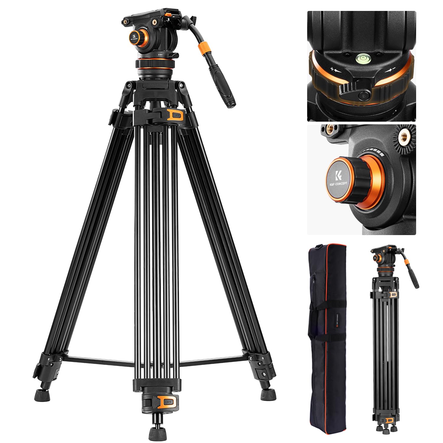 Video tripod, K&F Concept VA3+BV20 aluminum black camera tripod, with 360° fluid head, 191cm video tripod, compatible with Canon Nikon Sony and other DSLR, camcorders, cameras, 10kg load capacity - KF09.148