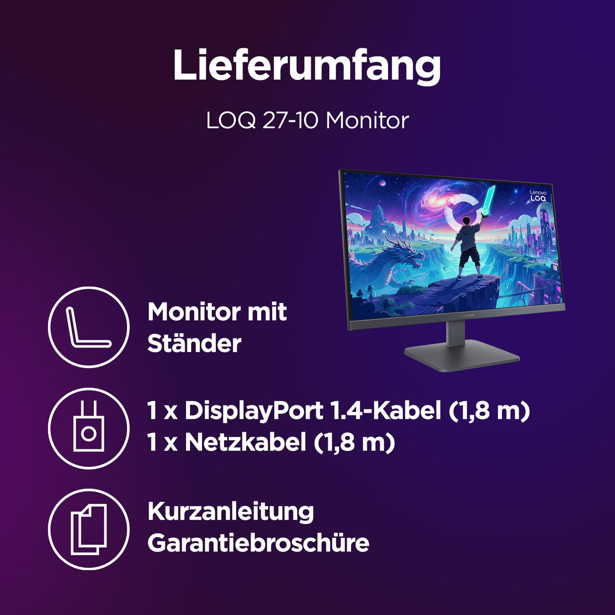 Lenovo LOQ 27-10 | 27'' Full HD Gaming Monitor | 1920 x 1080 | 16:9 | 200 Hz | 0.5ms Response Time | HDMI 2.1 | DisplayPort | 3-Sided Panel | AMD FreeSync Premium | Luna Gray - 68F2GACBEU