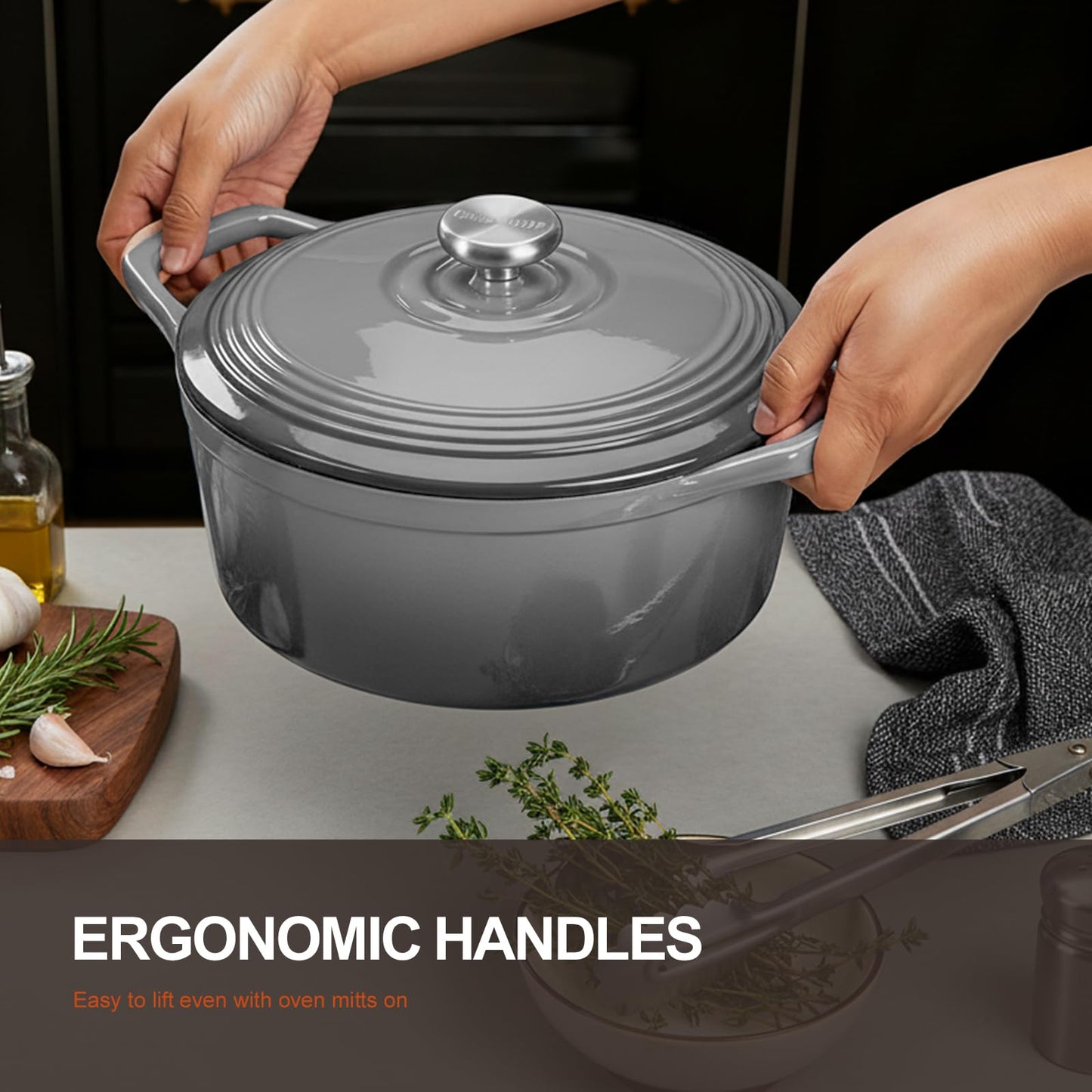 Overmont roasting pan enamel cast iron pot - casserole dish 26cm oven-safe - with lid and cookbook - for kitchen baking stewing roasting gray - Enamelled