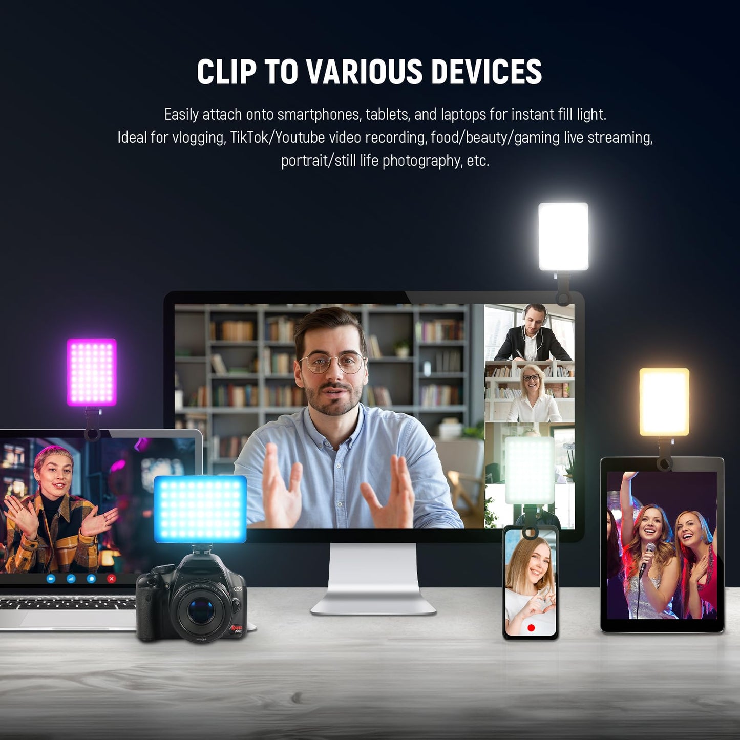 NEEWER VL67C RGB selfie lamp for iPhone, app-controlled, 94 LEDs, CRI97, 2000 mAh, portable, cold shoe mount as camera light, portable clip for front and back, for TikTok