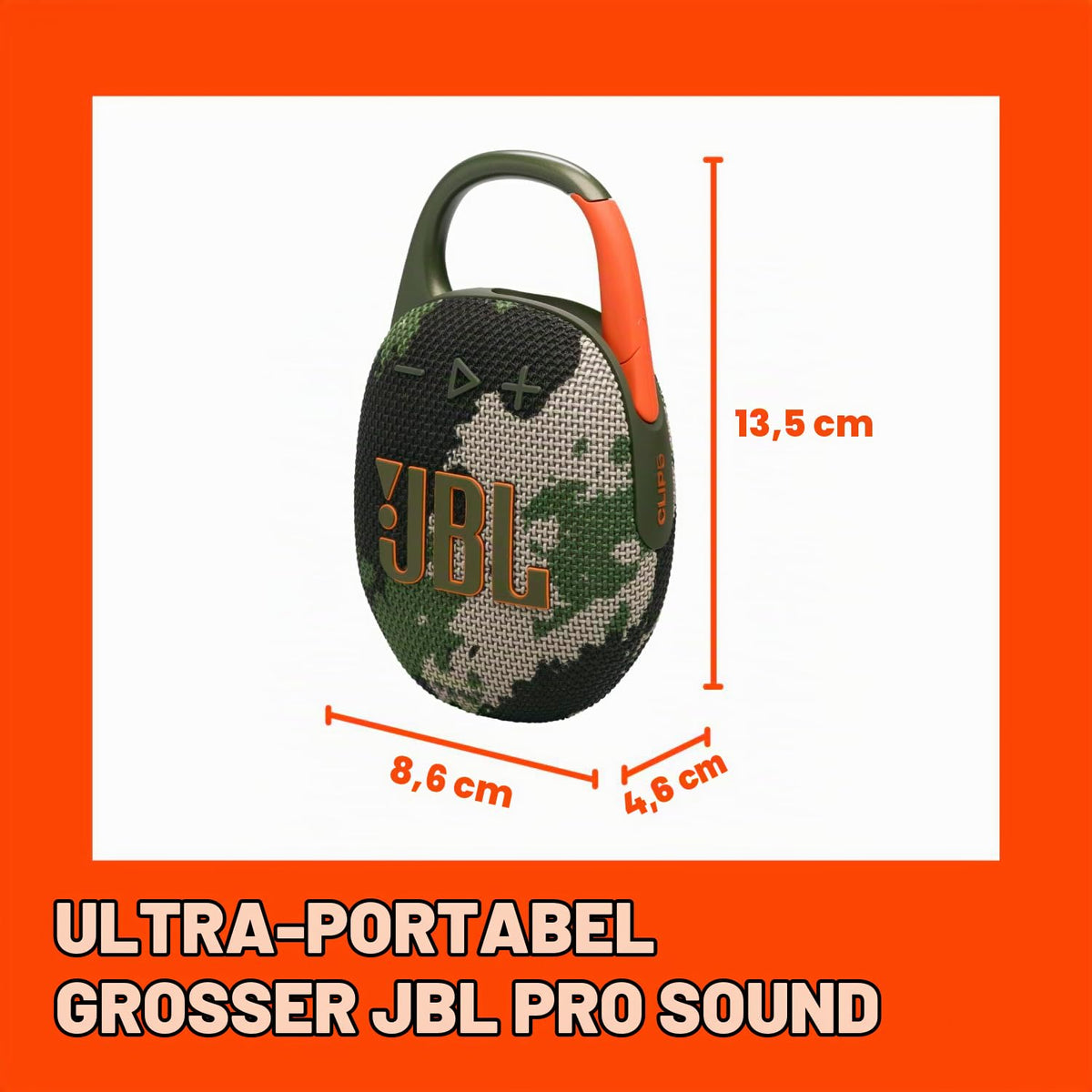 JBL Clip 5 - Boxă Bluetooth ultra-portabilă, rezistentă la apă și praf, cu carabină integrată, până la 12 ore de redare, fabricată în - JBLCLIP5SQUADAM