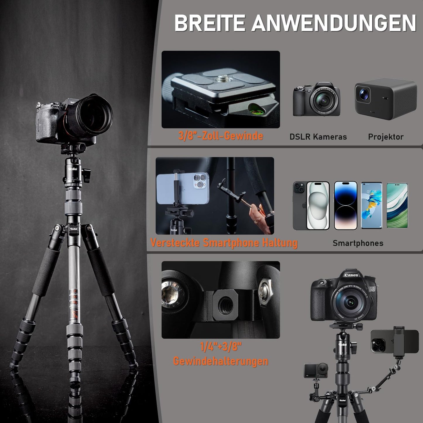 Rollei Compact Traveler No.1 Carbon Black, 145cm camera tripod Lightweight travel tripod with ball head Arca Swiss compatible Compact photo tripod with monopod function for DSLR & smartphone Pack size 34cm - 22578