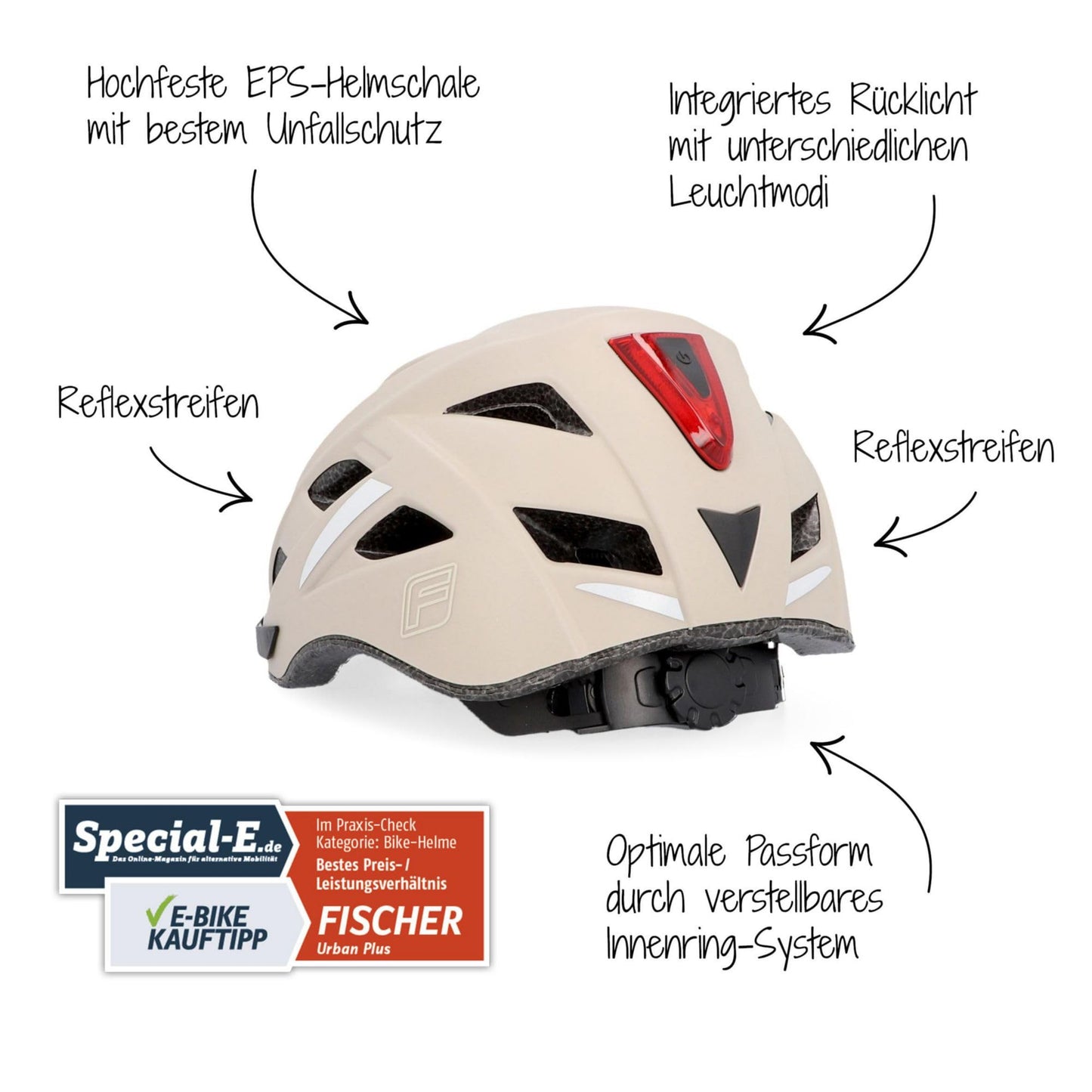 FISCHER adult bicycle helmet, cycling helmet, city helmet Urban Plus Dallas, L/XL, 58-61cm, beige, with integrated LED rear light - 50630
