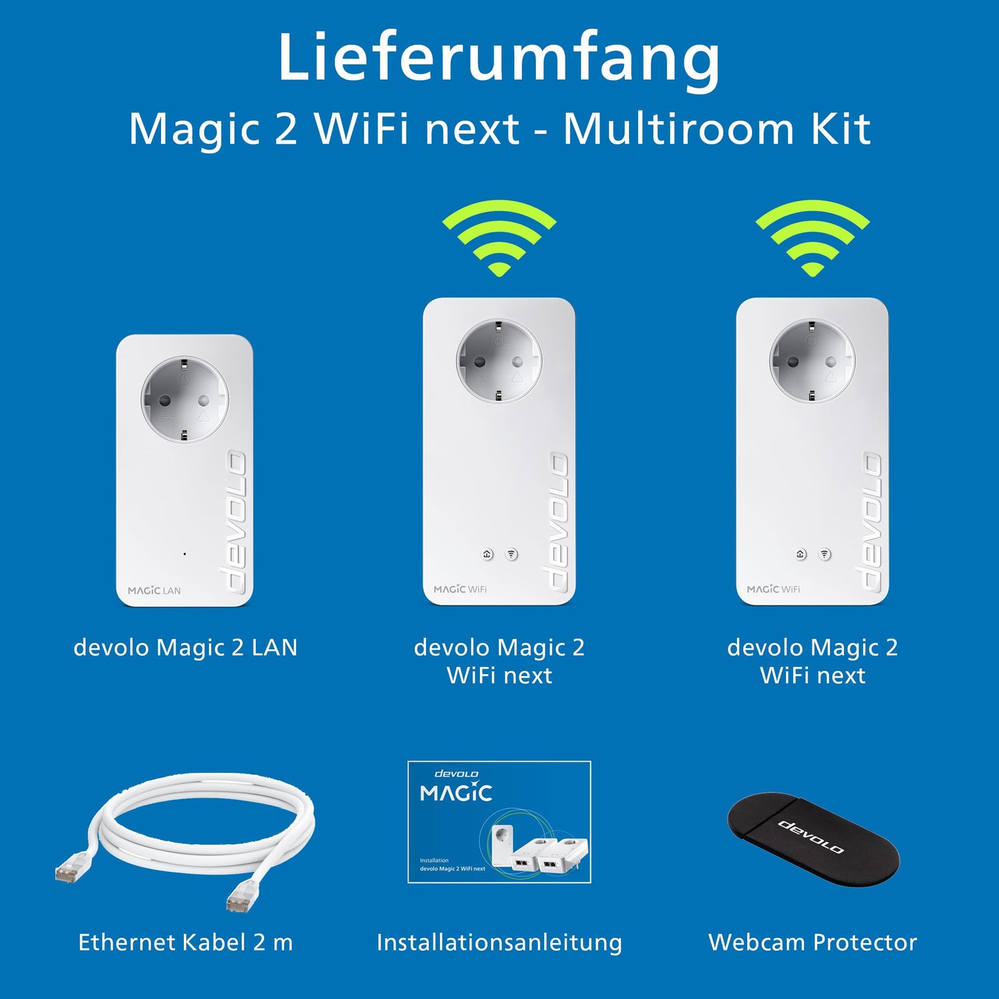 devolo Magic 2 WiFi next Multiroom Kit, WiFi powerline adapter, up to 2,400 Mbit/s, mesh WiFi socket, 2x Gigabit LAN, access point, dLAN 2.0, white - 8635