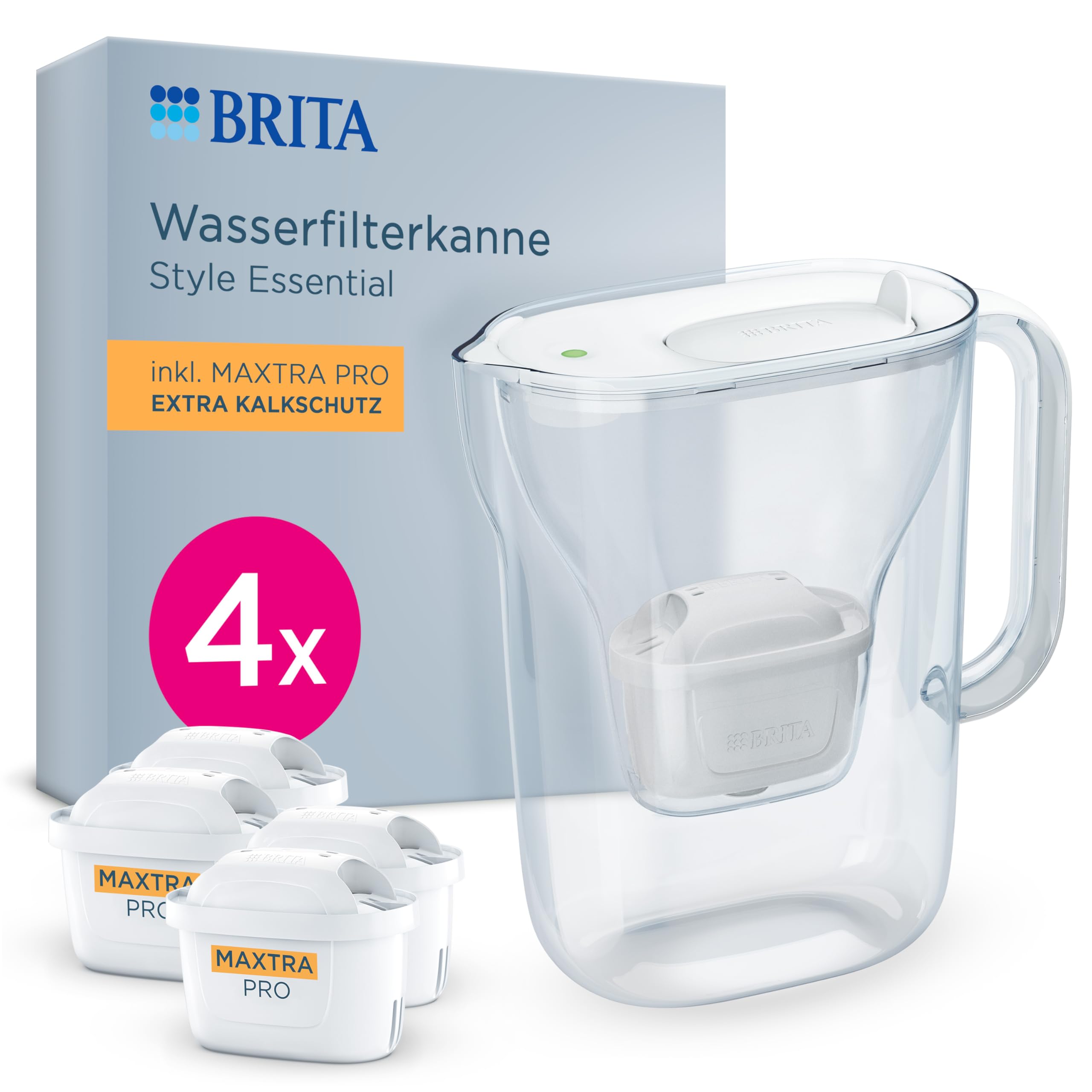 BRITA water filter jug Style Essential white (2.4l) incl. 4x BRITA MAXTRA PRO extra limescale protection - refrigerator-suitable filter jug with Smart Light LED & folding lid, filters impurities & more - 142384