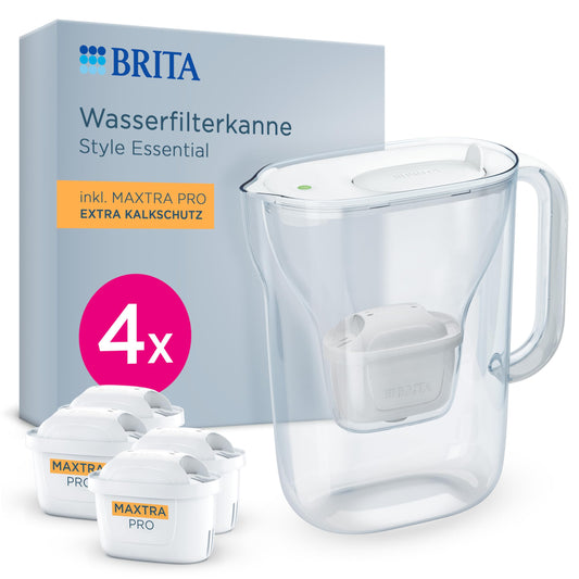 BRITA water filter jug Style Essential white (2.4l) incl. 4x BRITA MAXTRA PRO extra limescale protection - refrigerator-suitable filter jug with Smart Light LED & folding lid, filters impurities & more - 142384