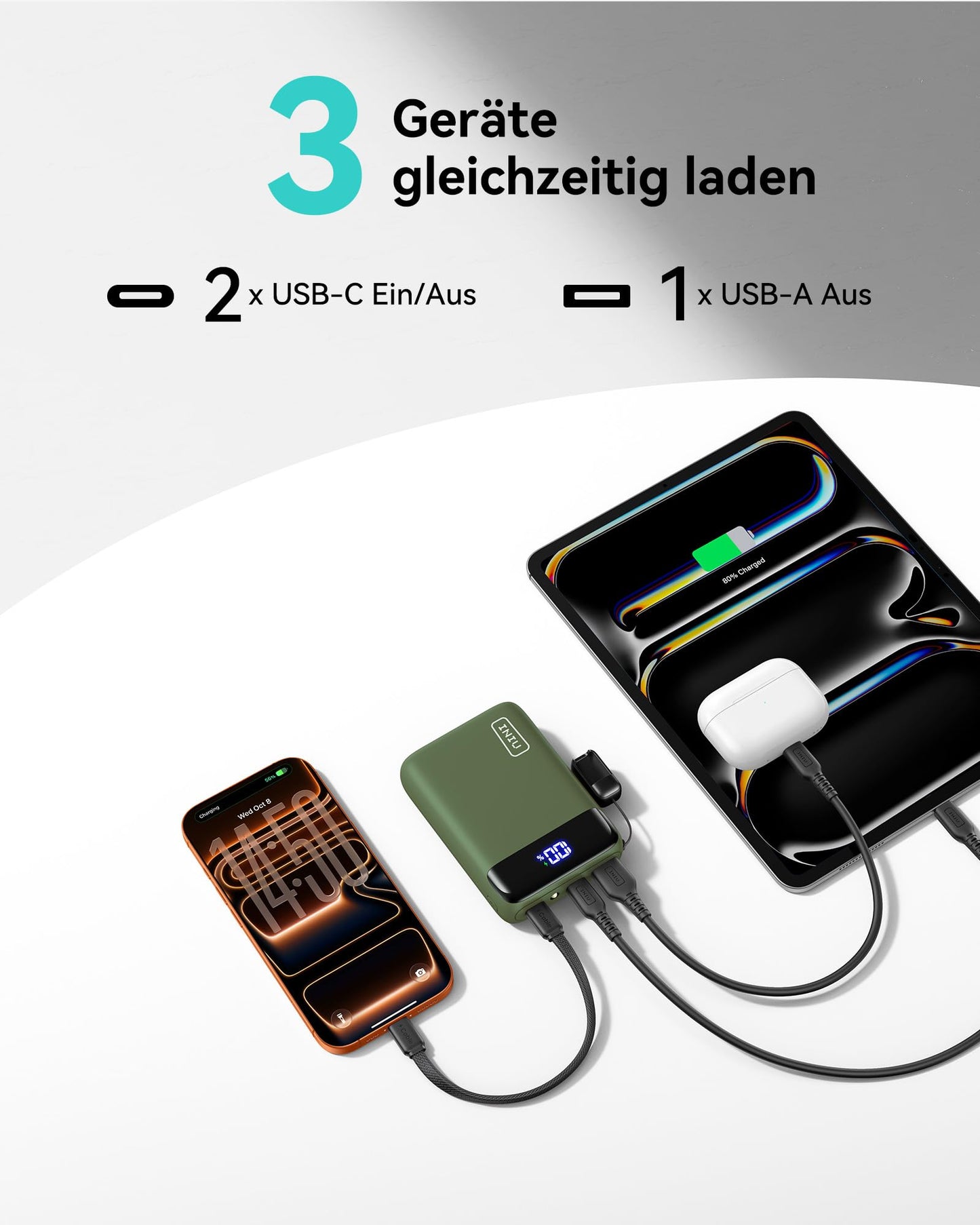 INIU Ultra Small 20000mAh Power Bank, 22.5W Quick Charge PowerBank with Removable USB C Cable, Flight-Friendly & Travel Essential, External Mobile Phone Batteries for Camping, Outdoor Activities, Festivals, Green - P512