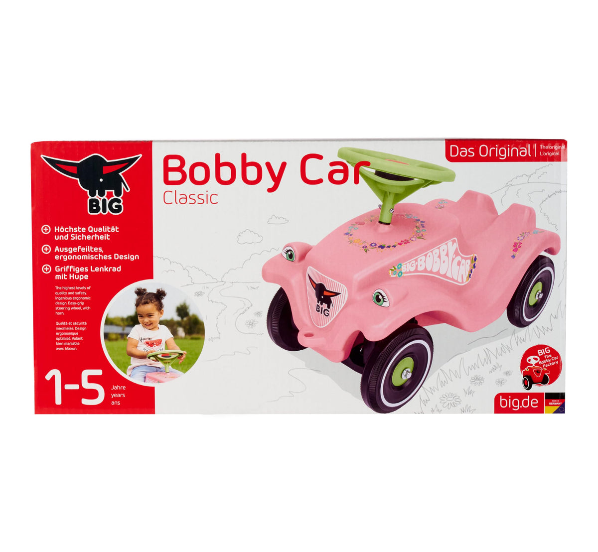 BIG-Bobby-Car Classic Flower - Vehicul pentru copii cu autocolante cu flori pentru băieți și fete, suportă până la 50 kg, vehicul de alunecare pentru copii de la 1 an, roz pastelat, verde - 800056110