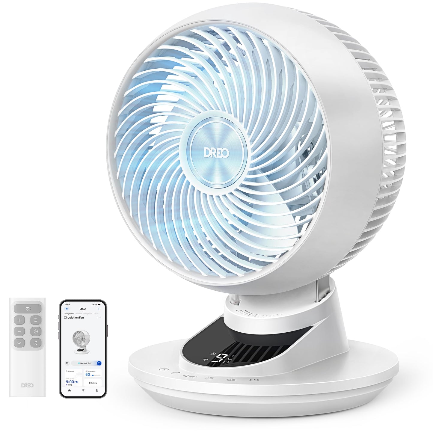 DREO 3D table fan, very quiet 22 dB, small fan with remote control, 8.8 m/s strong airflow, 90° oscillation, app & voice control, 9 levels, 8/12h timer for bedroom & office - DR-HAF008