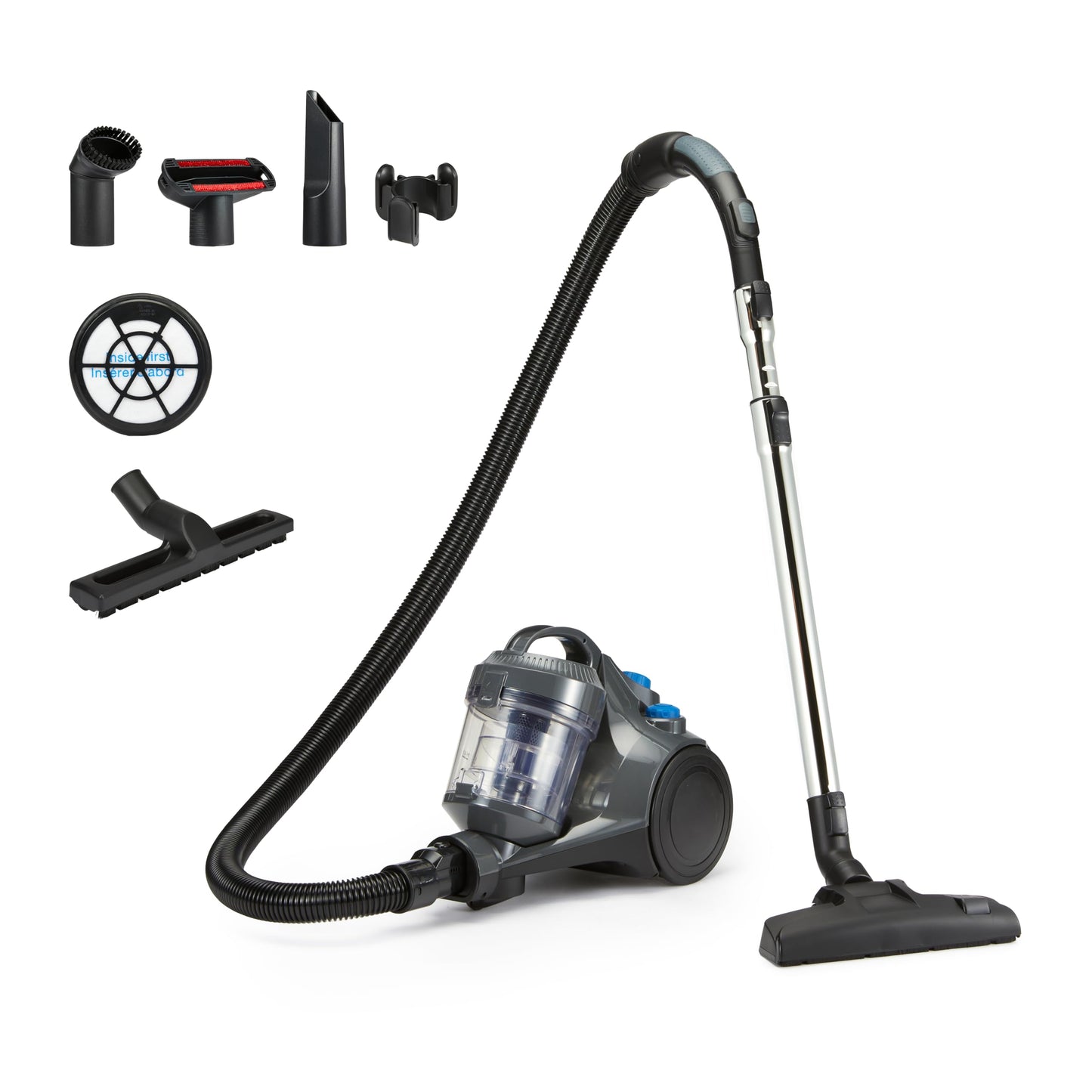 Amazon Basics vacuum cleaner without bag 1.3L compact lightweight with 3-way action nozzle, HEPA filter, 850W, for carpets and hard floors, gray - VCS35B15KOM-85
